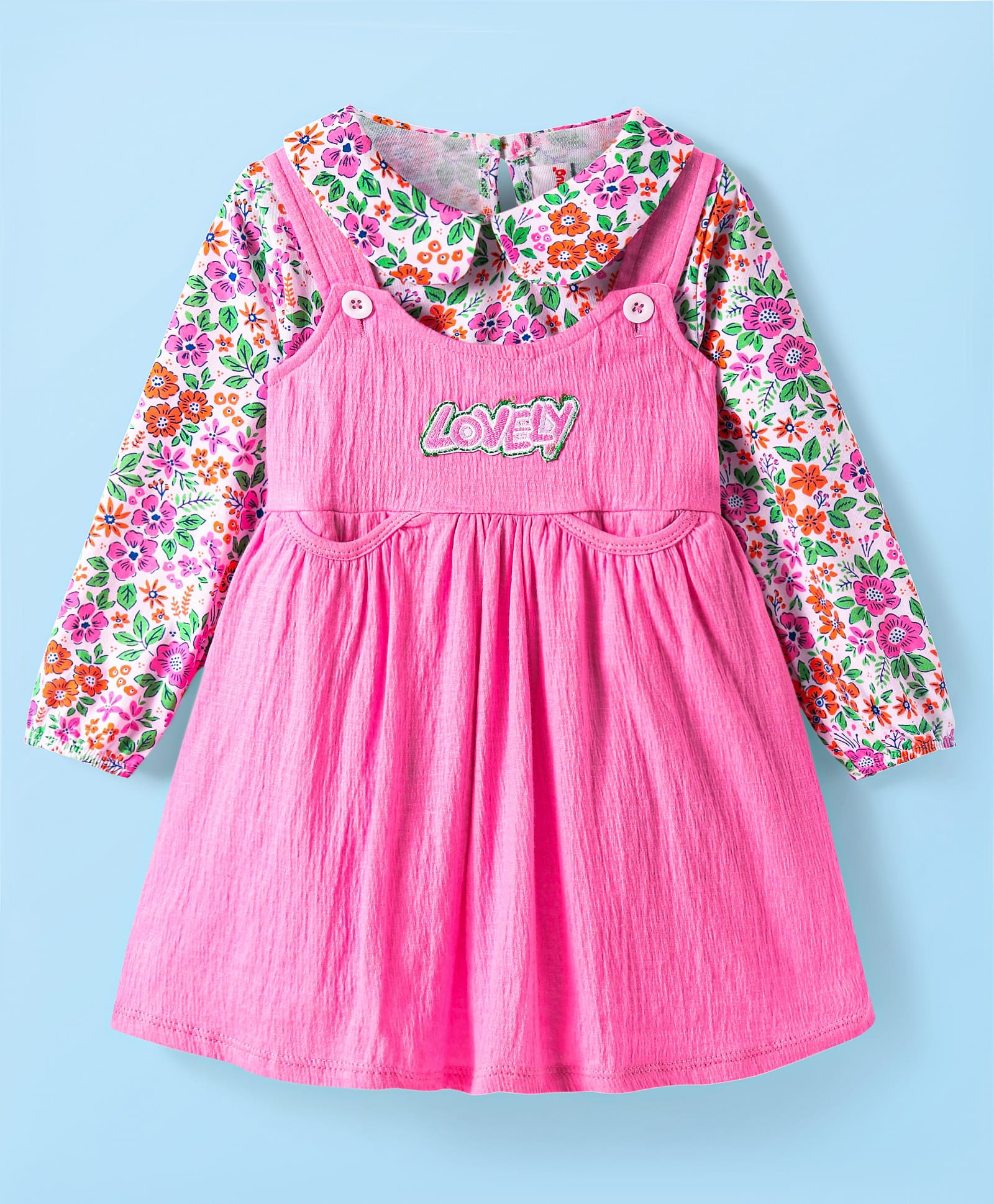 Babyhug CottonWoven Full Sleeves Floral Printed T-Shirt & Frock with Text Patch-picture-18