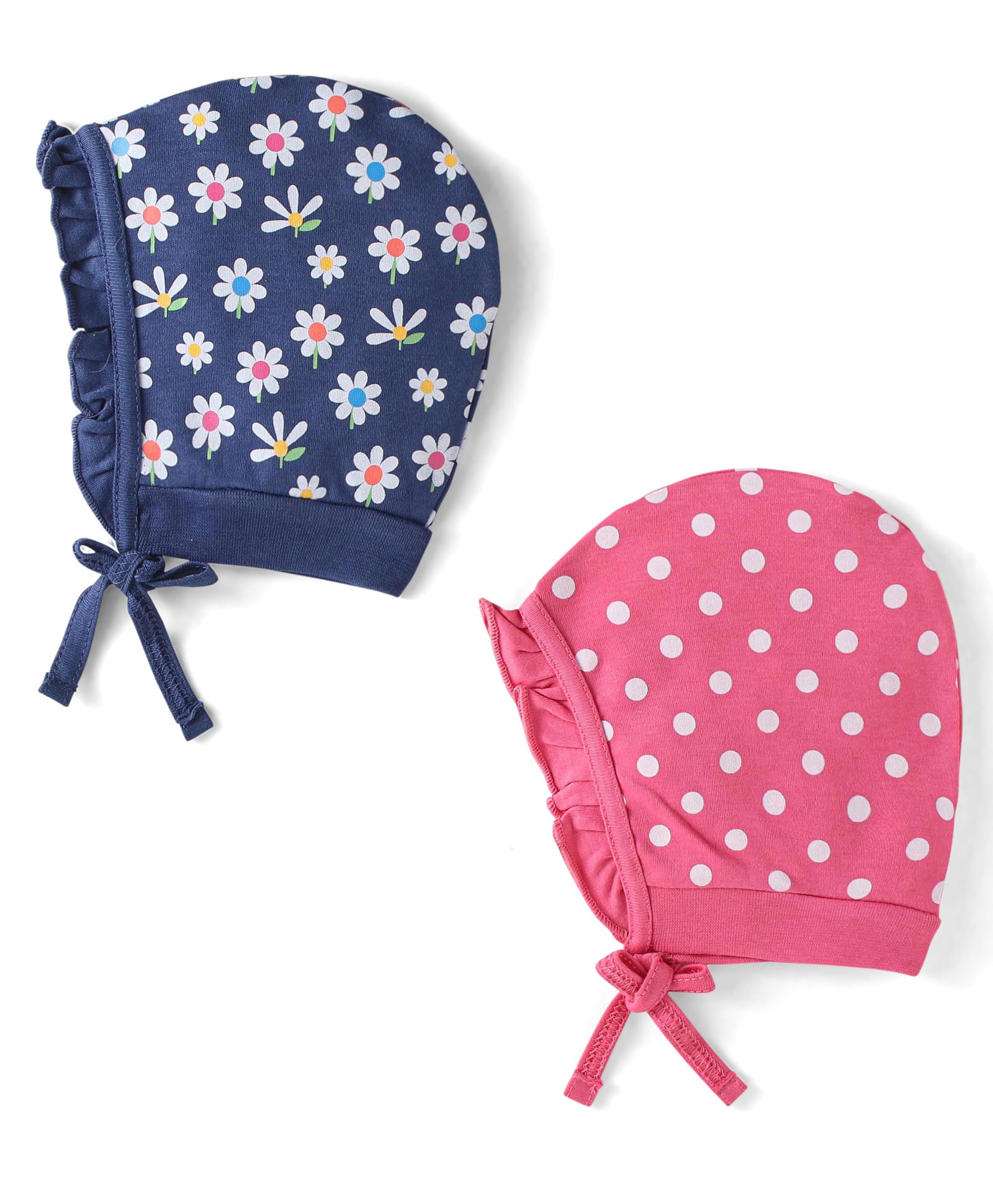 Babyhug 100% Cotton Knit Tie Knot Cap Floral & Polka Dot Print Pack of 2 - Pink & Blue-picture-11