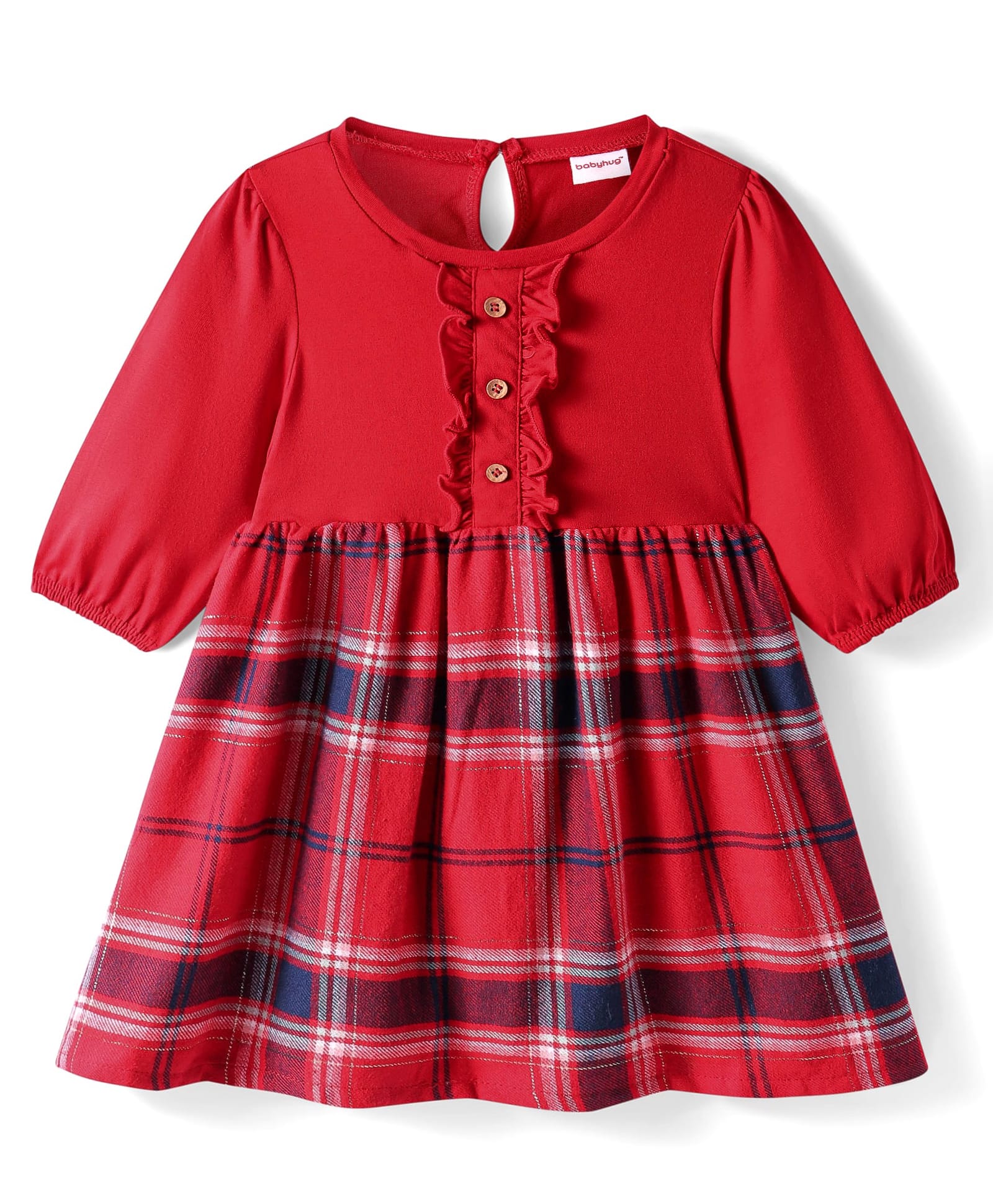 Babyhug Cotton Woven Full Sleeves Checkered Frock With Frill Detailing - Red-picture-15