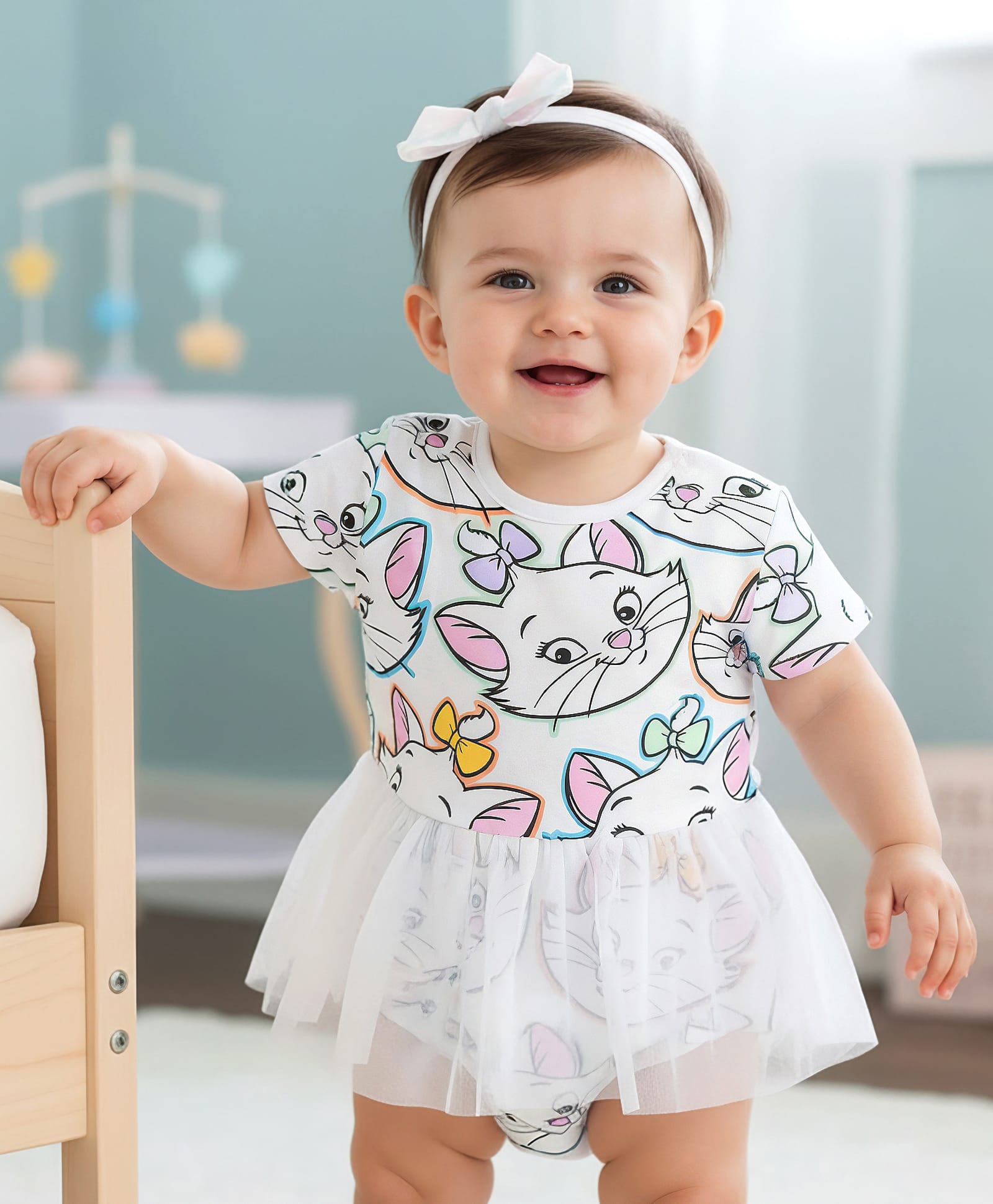 Babyhug Disney Interlock Knit Half Sleeves Frock Style Onesie with Aristocats Marie Print &Mesh Skirt Detailing- White-image-49