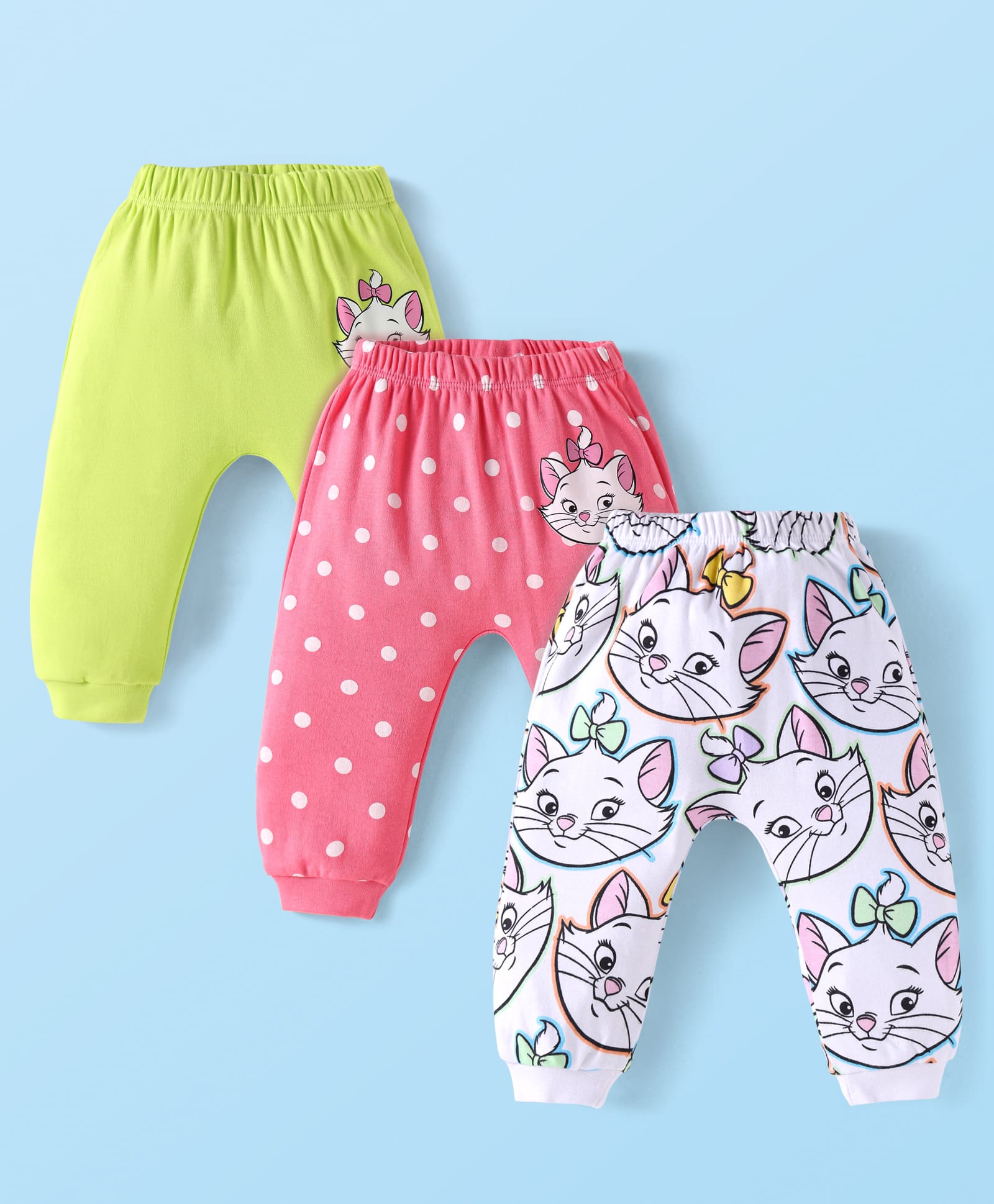 Babyhug Disney Interlock Knit Full Length Diaper Leggings with Polka Dots & Marie Print Pack of 3 - Dark Pink Green & White-image-38