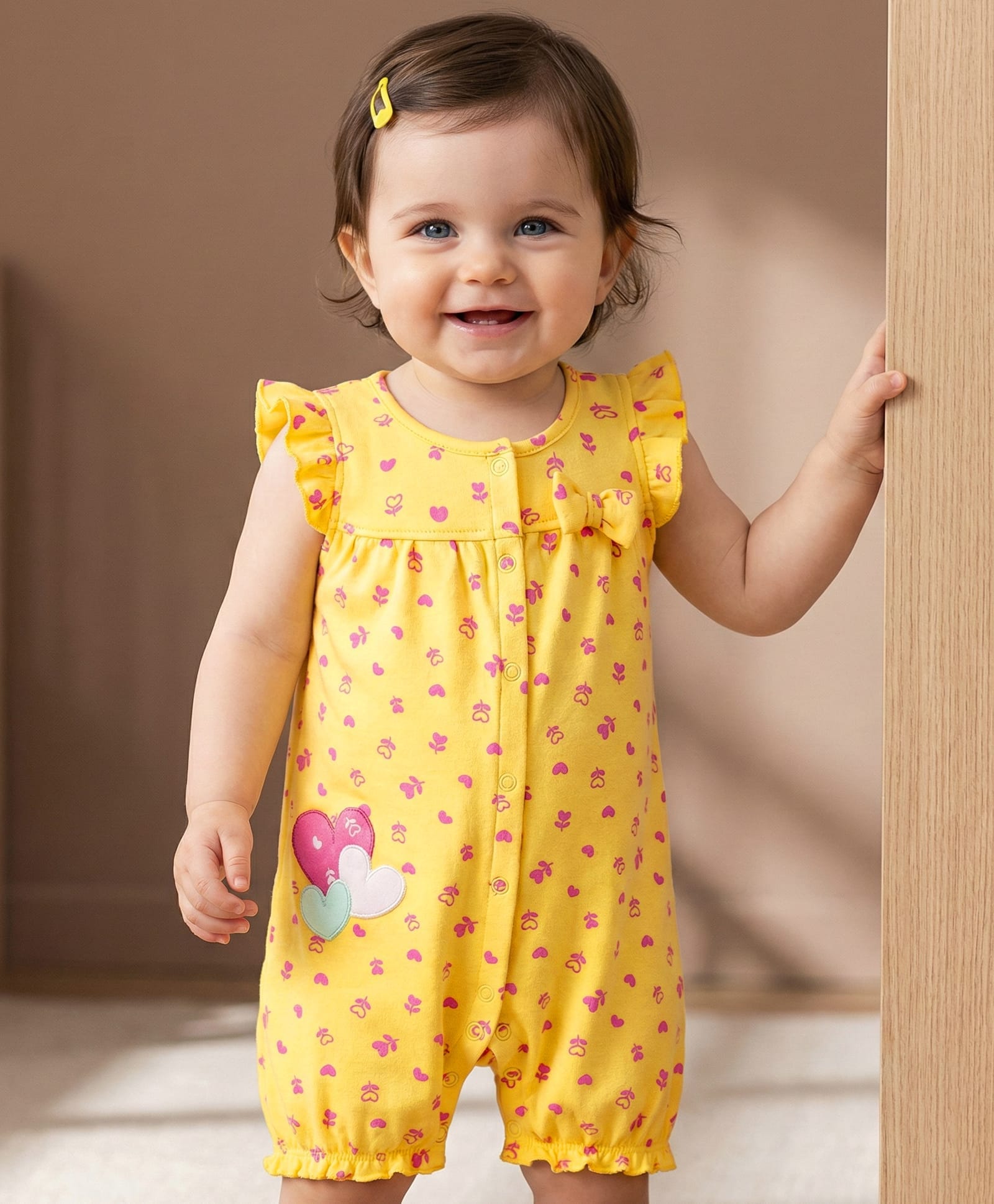 Babyoye Eco Conscious 100% Cotton Knit With Eco Jiva Finish Frill Sleeves Romper With Floral & Heart Print - Yellow-picture-17