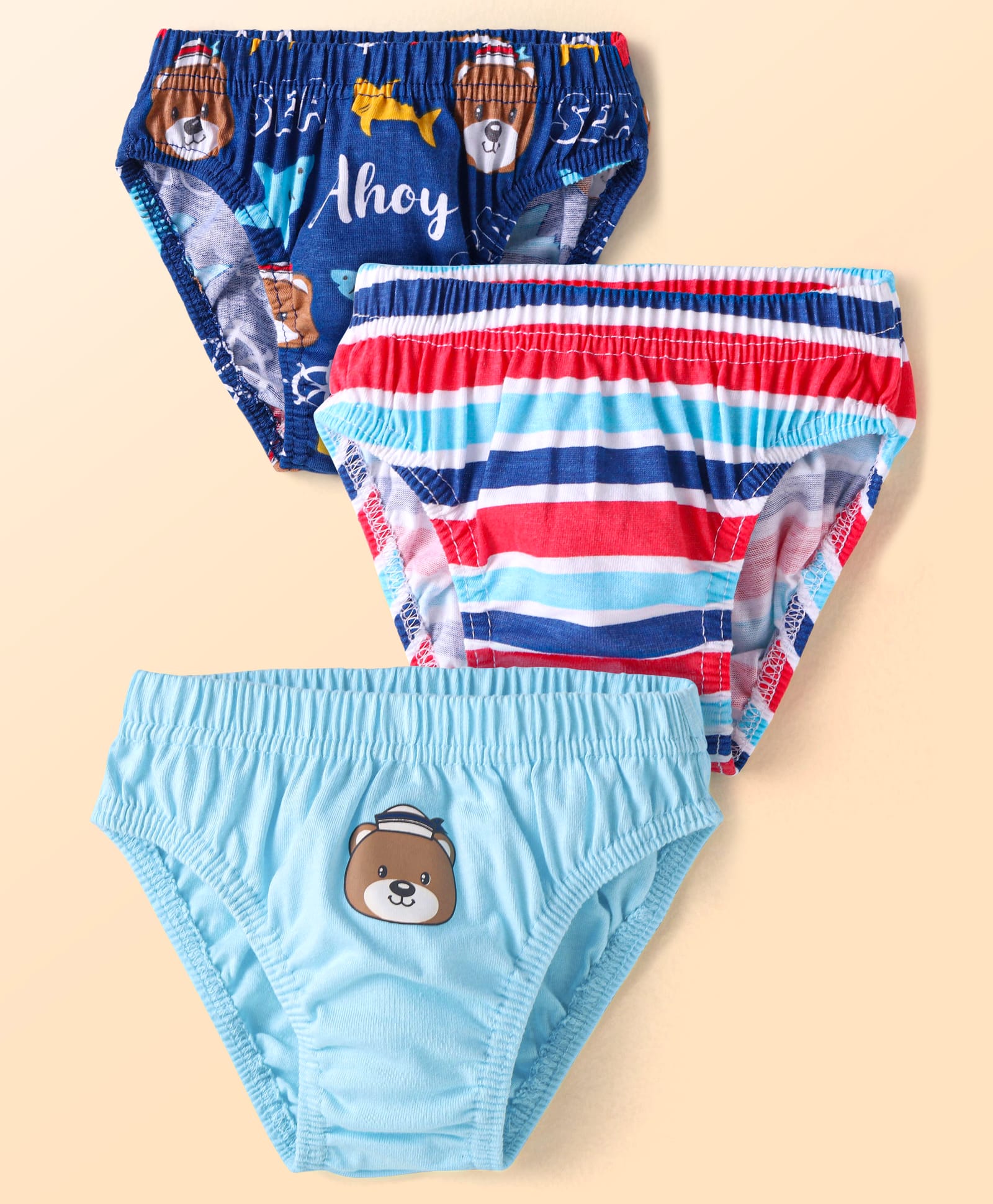 Babyhug Single Jersey Anti-Bacterial Briefs with Stripes & Placement Print Pack of 3 - Light Blue & Navy Blue-image-43