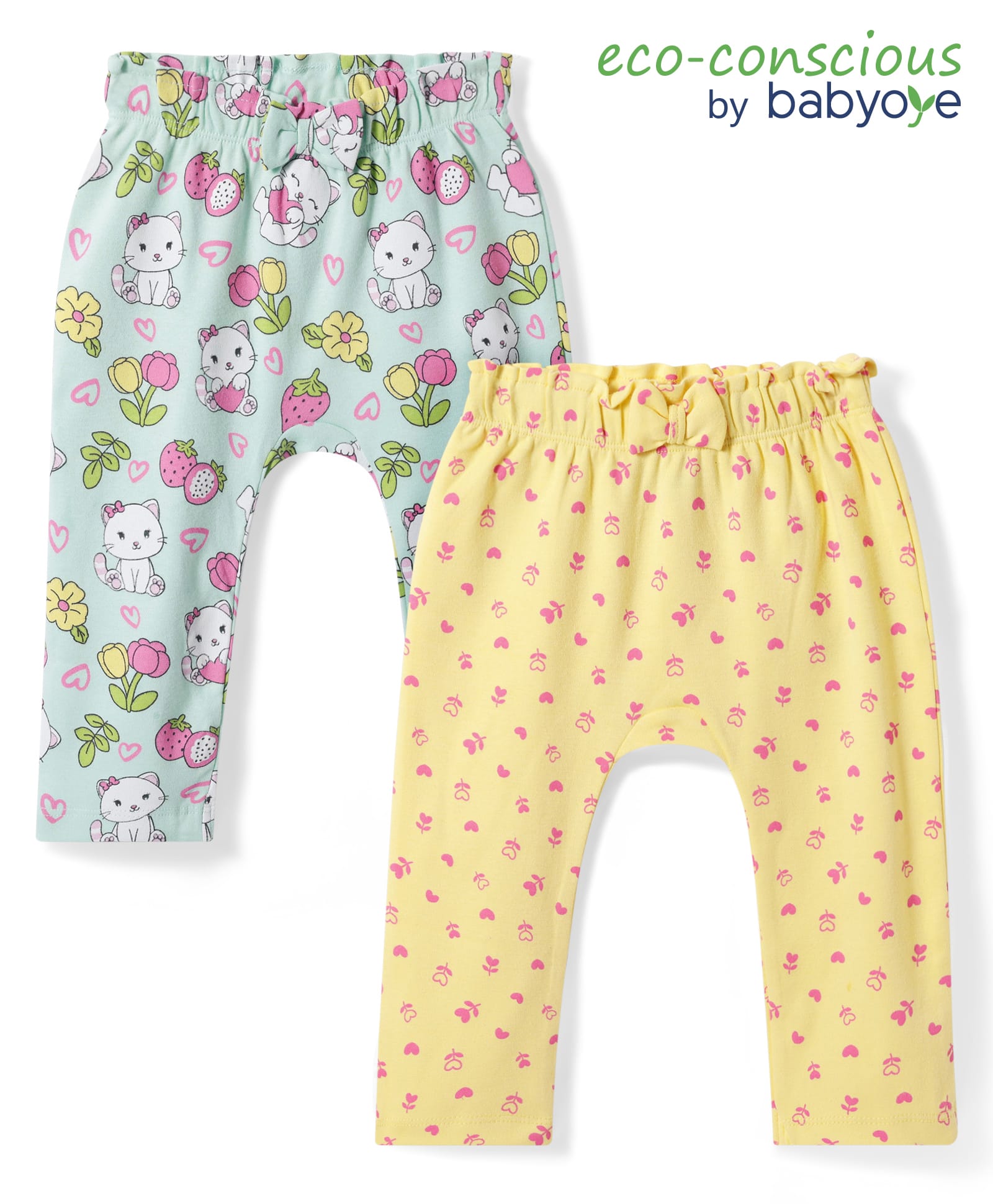 Babyoye 100% Cotton Knit Full Length Eco Jiva Finish Diaper Leggings with Floral & Kitty Print Pack of 2 - Yellow & Light Green-image-5