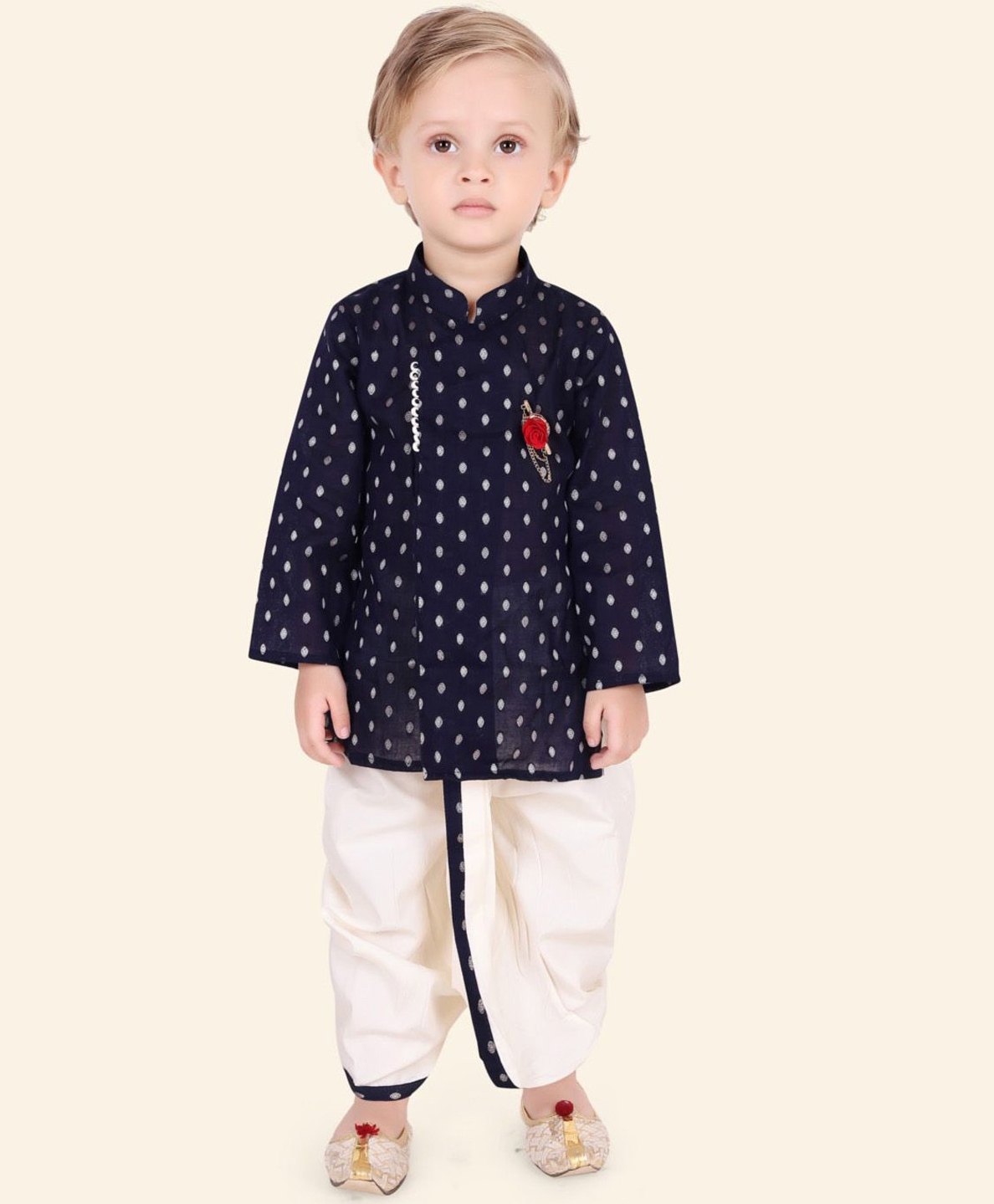 ETHNIKS NEURONPure Cotton Full Sleeves Motif Printed Kurta With Dhoti Set - Navy Blue-image-49