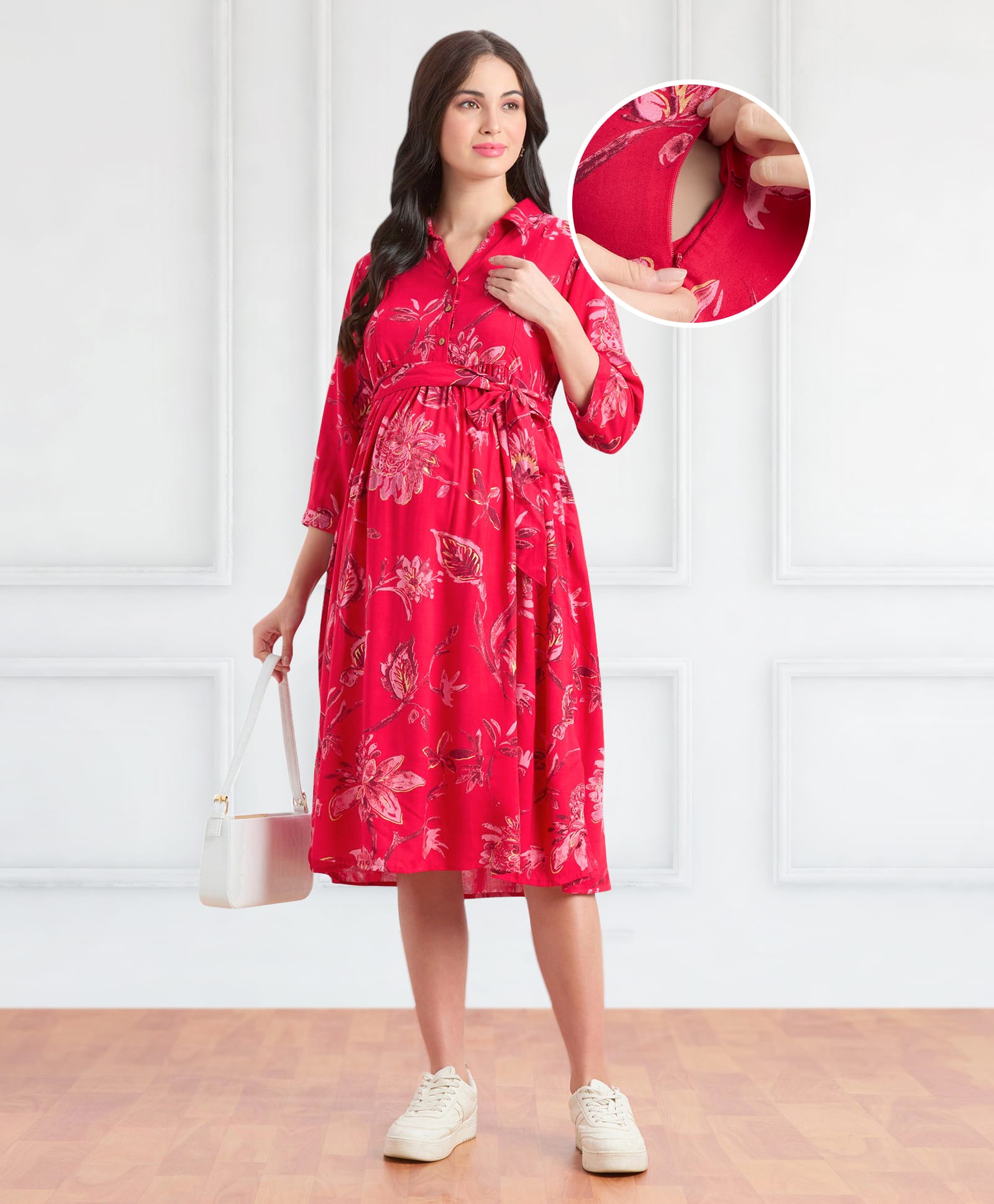 Bella Mama Woven Three Fourth Sleeves Collar Neck Maternity Dress with Floral Print - Dark Pink-picture-6