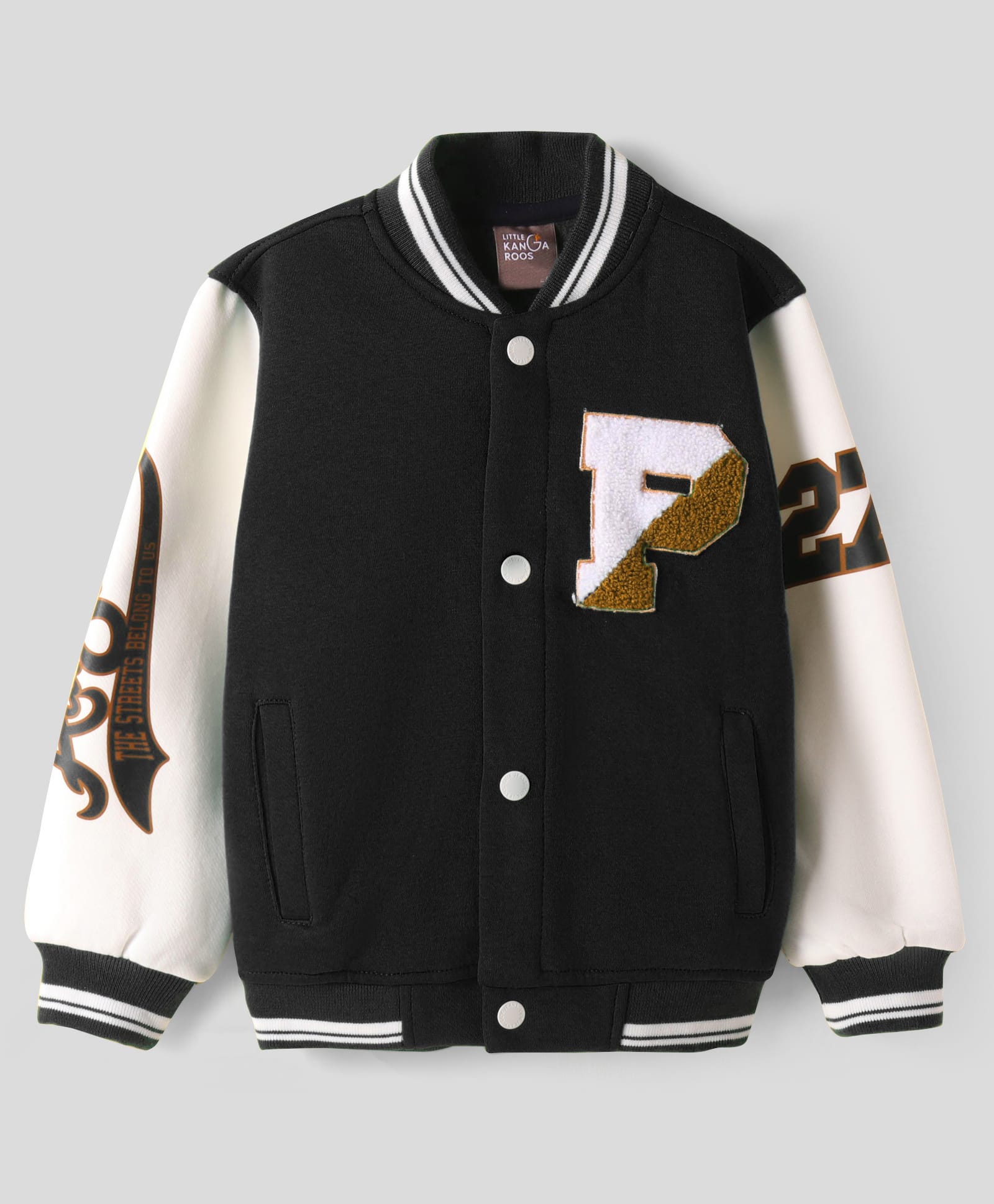 Little Kangaroos Fleece Woven Full Sleeves Bomber Jacket With Text Print - Black-image-40