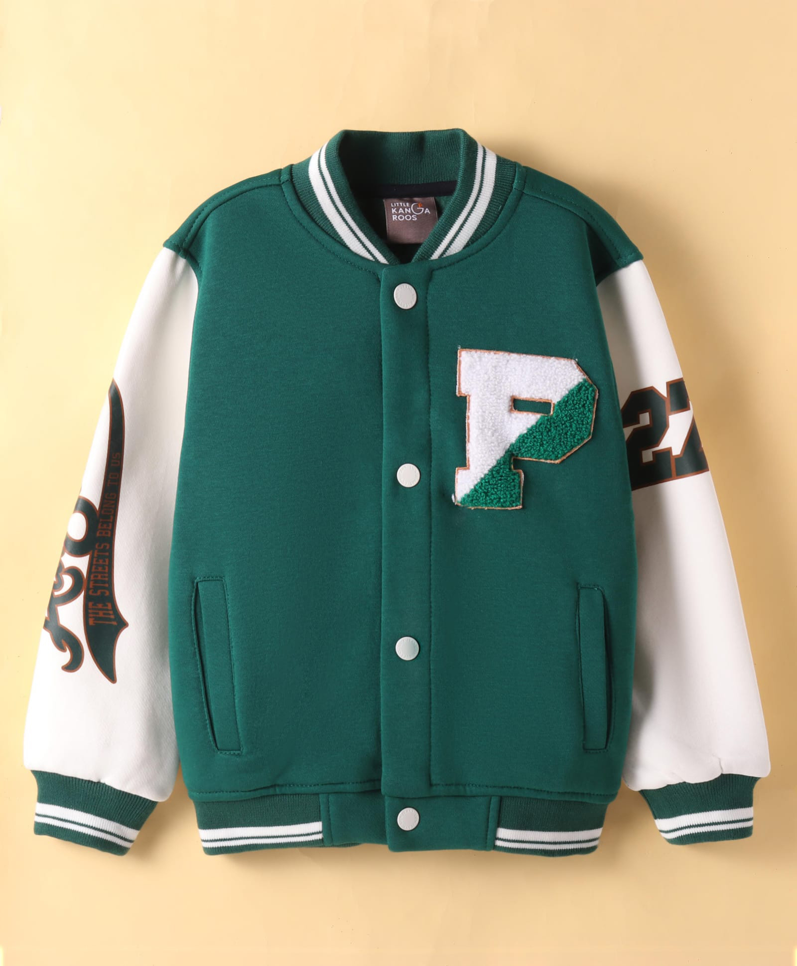 Little Kangaroos Fleece Woven Full Sleeves Bomber Jacket With Text Print - Teal Blue-image-10