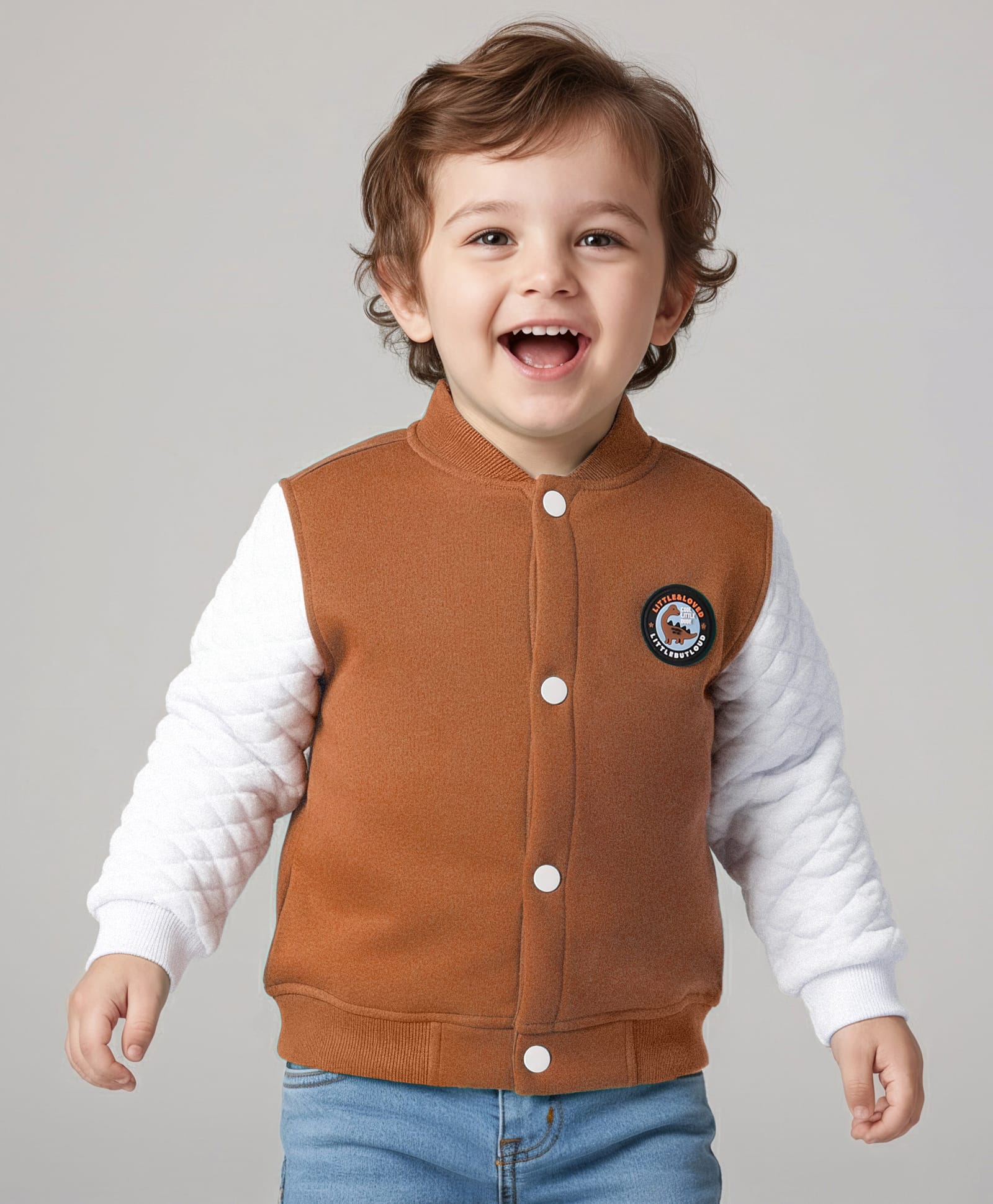 Little Kangaroos Fur Woven Full Sleeves Bomber Jacket With Dino Patch - Brown-image-35