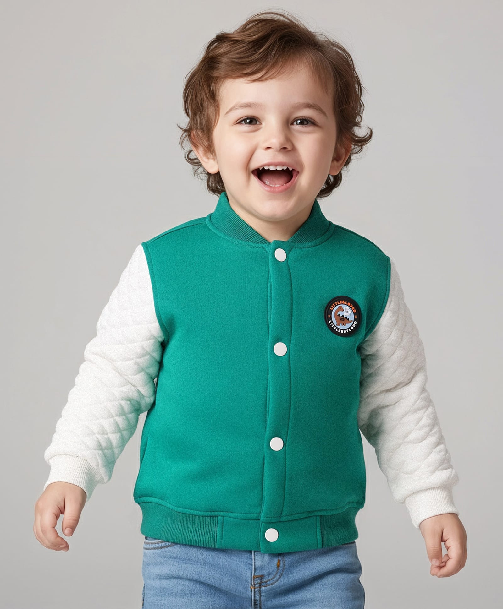 Little Kangaroos Fur Woven Full Sleeves Bomber Jacket With Dino Patch - Teal Blue-image-11