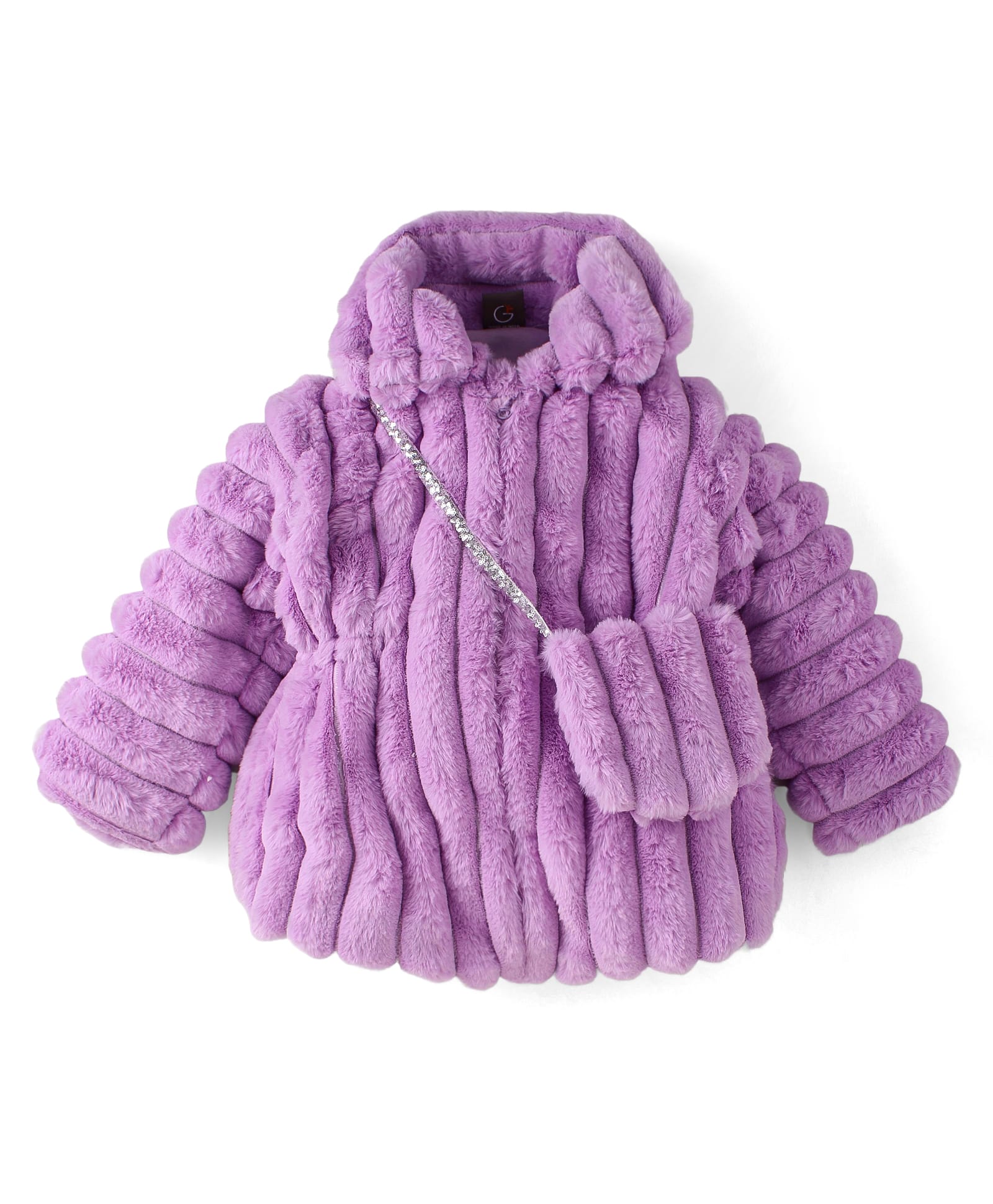 Little Kangaroos Fur Woven Solid Color Winter Jacket with Sling Bag - Purple-image-2