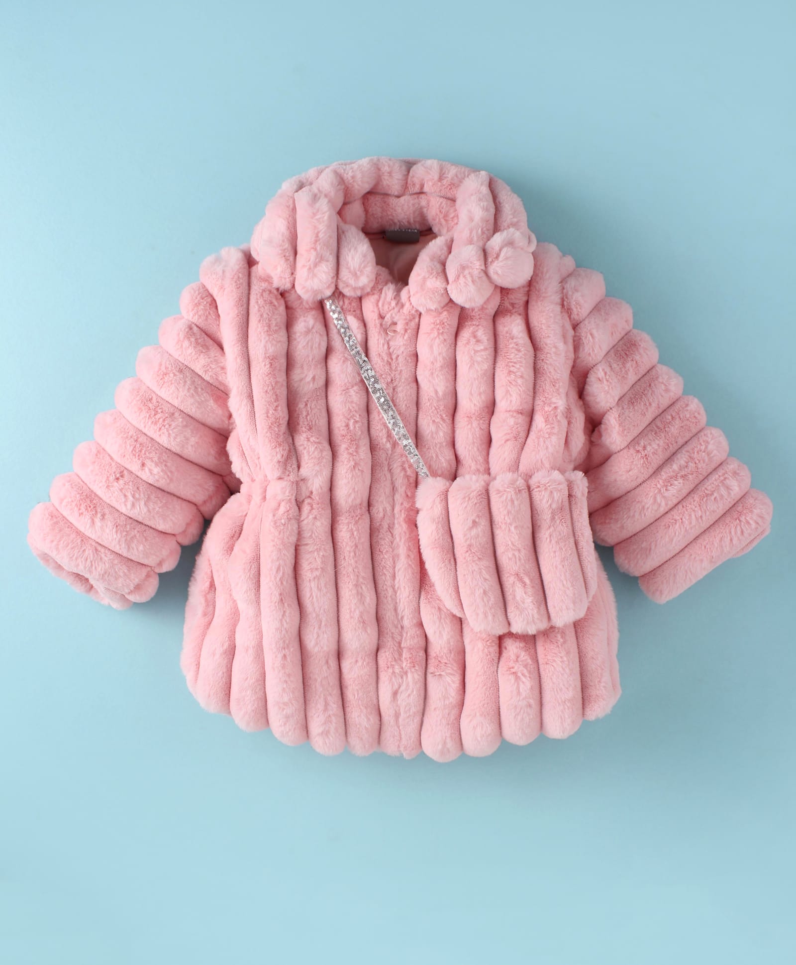 Little Kangaroos Fur Woven Solid Color Winter Jacket with Sling Bag - Baby Pink-image-44