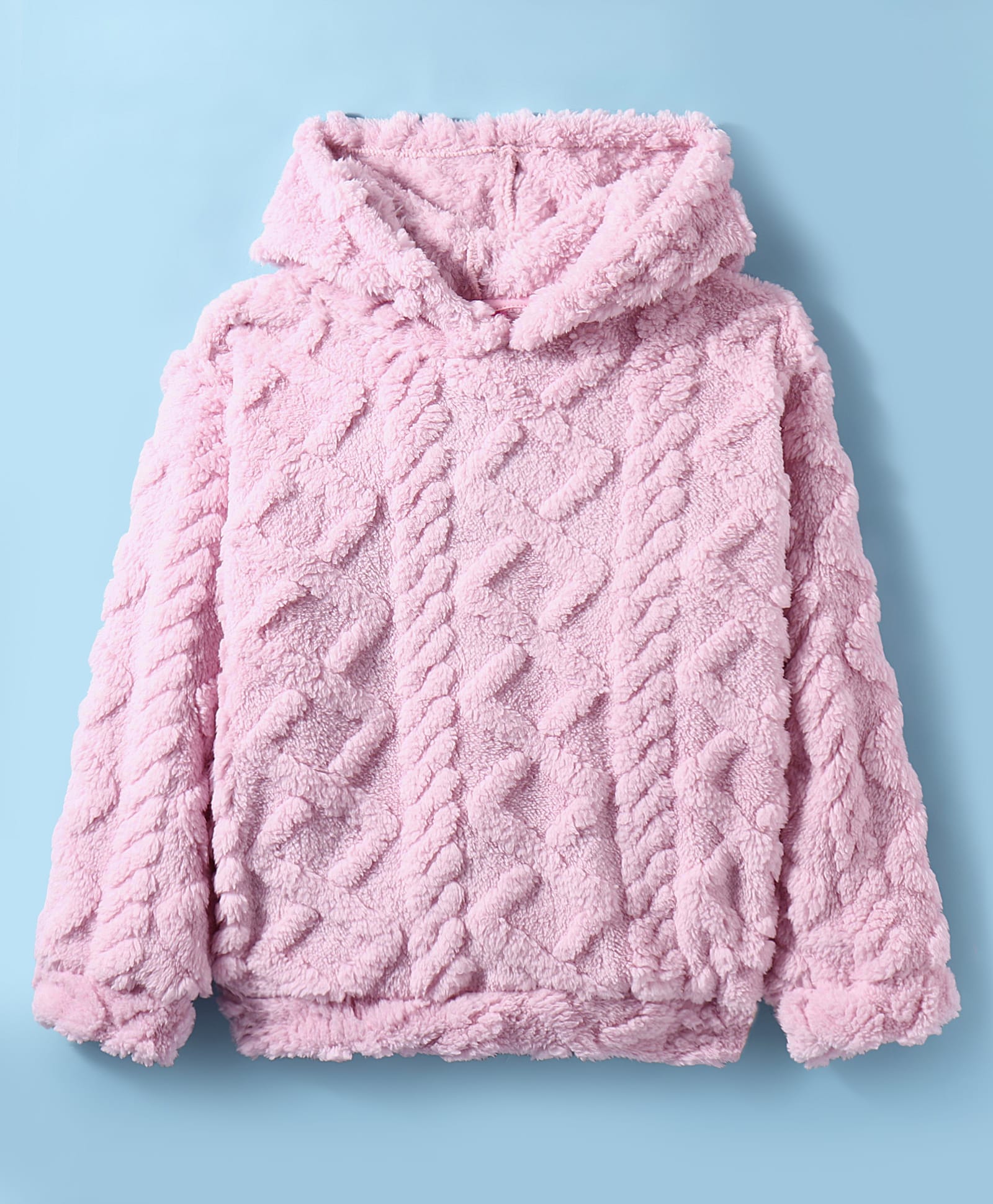 Little Kangaroos Fur Knit Full Sleeves Hooded Sweatshirt With Cable Knit Design - Pink-picture-24