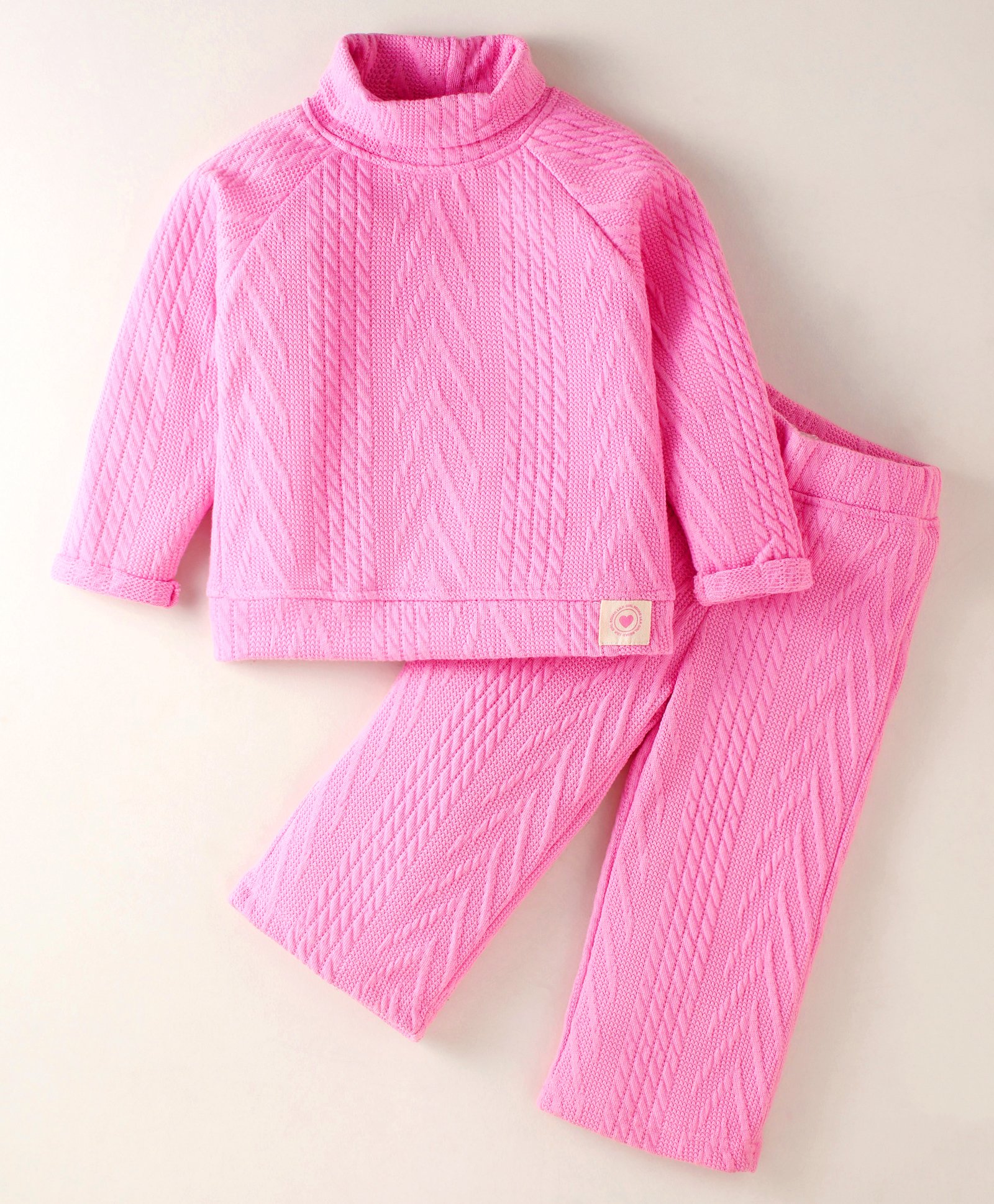 Little Kangaroos Fleece Knit Full Raglan Sleeves Chevron DesignedWinter Wear Sweatshirt with Turtle Neck & Joggers Set - Pink-image-28