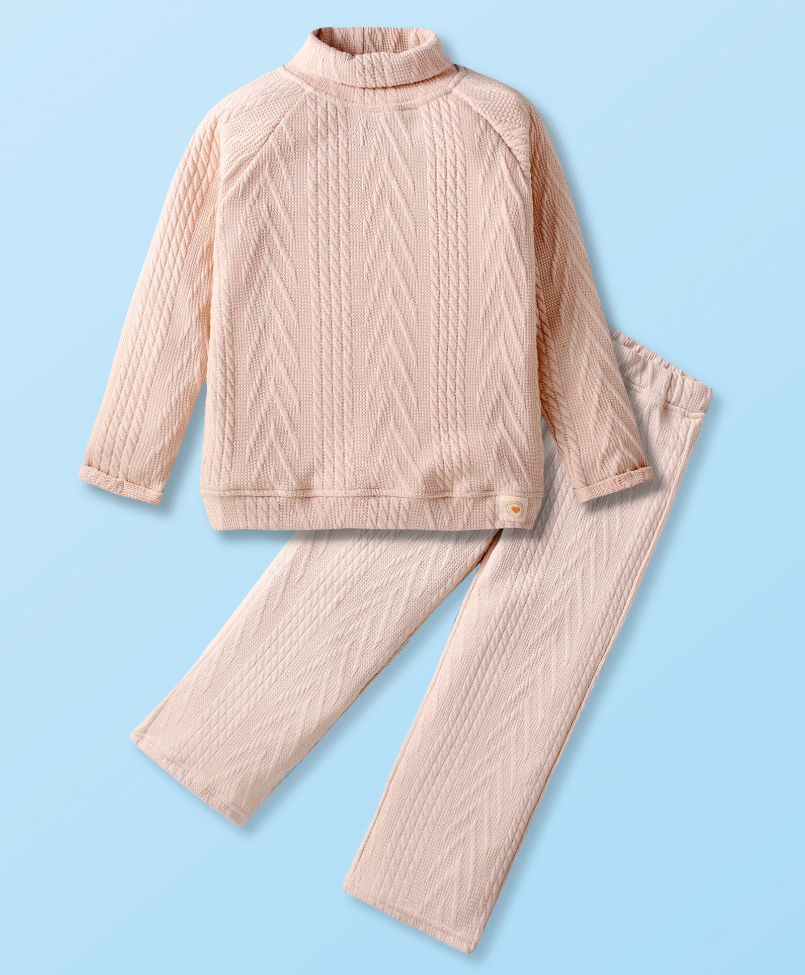 Little Kangaroos Fleece Knit Full Raglan Sleeves Chevron DesignedWinter Wear Sweatshirt with Turtle Neck & Joggers Set - Beige-image-27