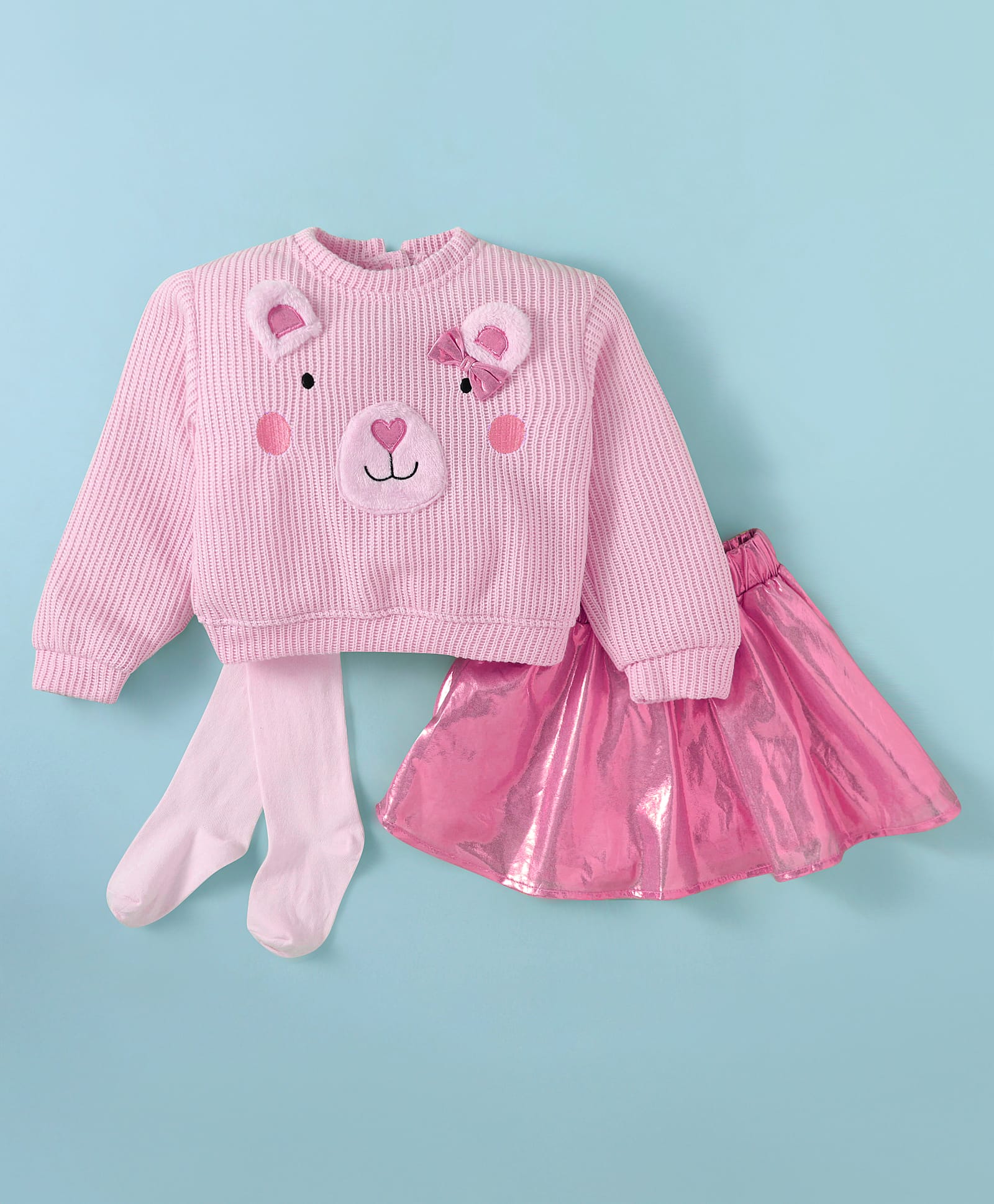 Little Kangaroos Fleece Woven Full Sleeves Winter Top & Skirt Set With Animal Applique & Stockings - Pink-image-34