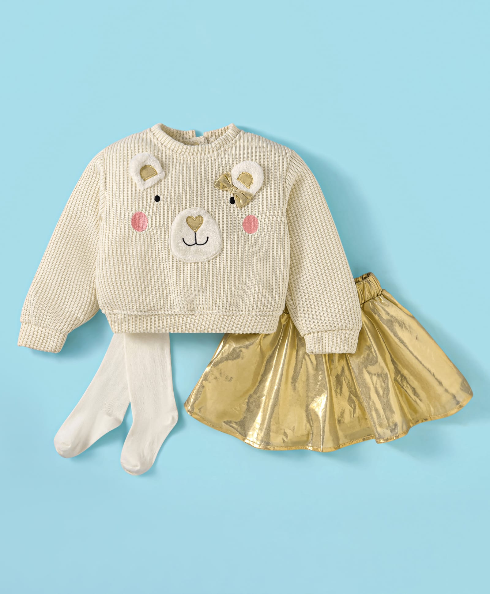 Little Kangaroos Fleece Woven Full Sleeves Winter Top & Skirt Set With Animal Applique & Stockings - Golden-image-0