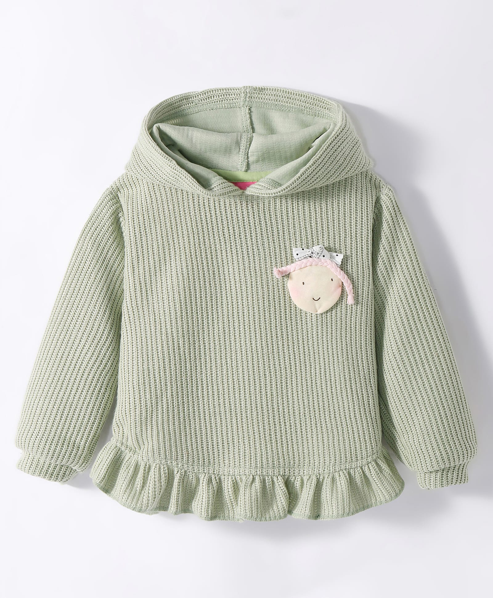 Little Kangaroos Fleece Knit Full Sleeves Hooded Sweatshirt With Applique & Frill Detailing - Light Grey-image-29