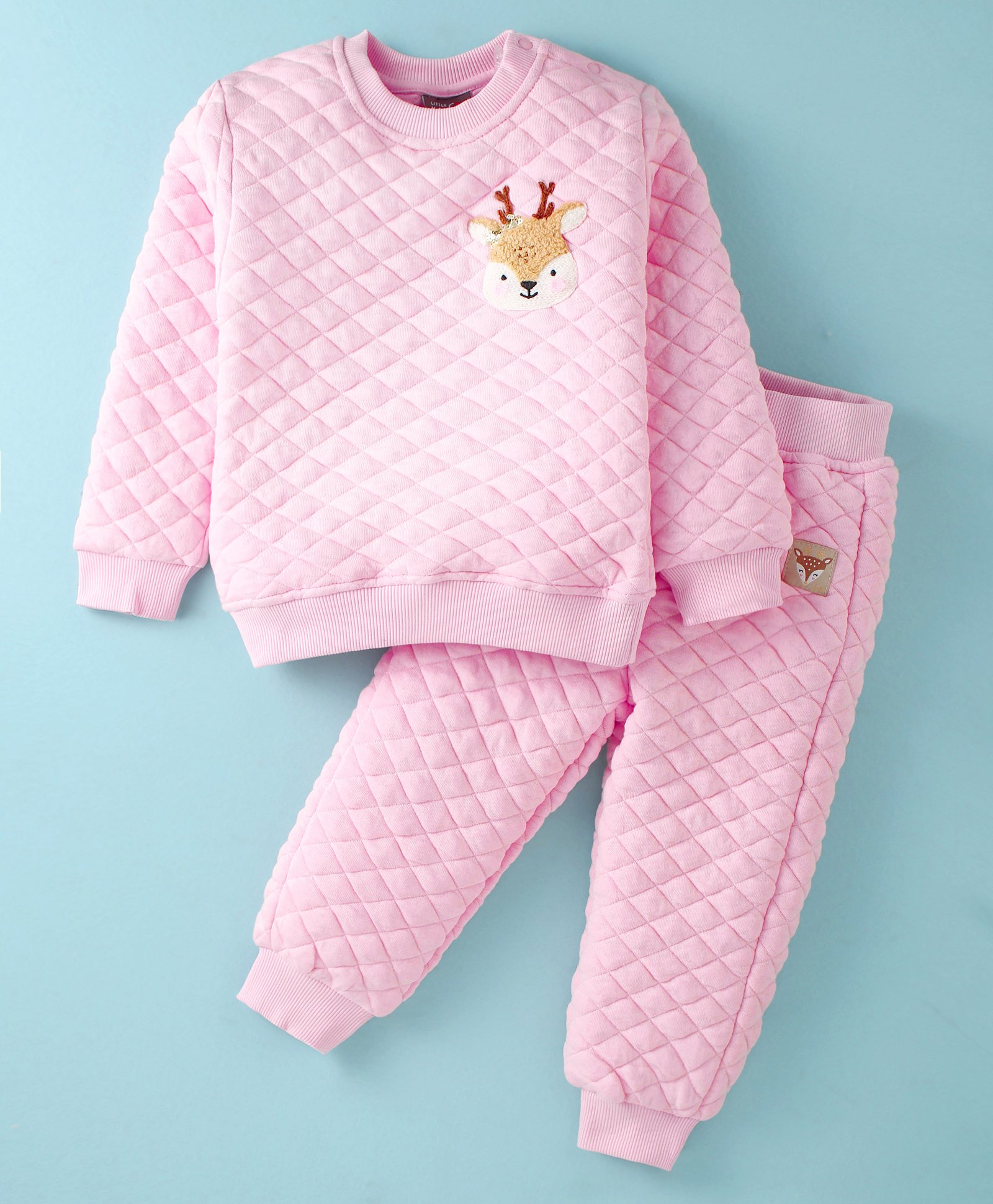 Little Kangaroos Fleece Knit Full Sleeves Deer Patch Winter Wear Sweatshirt & Joggers Set - Baby Pink-image-2