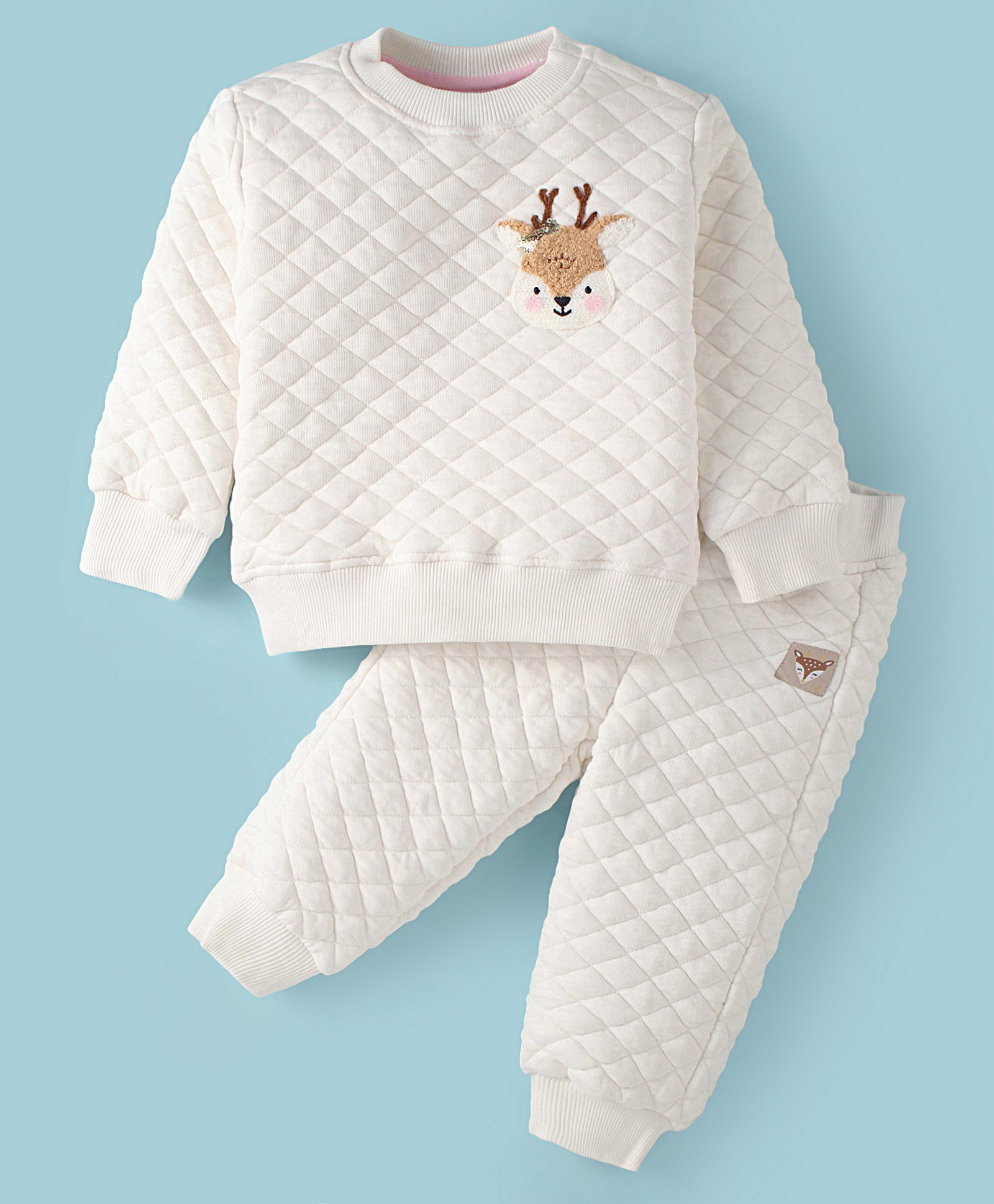 Little Kangaroos Fleece Knit Full Sleeves Deer Patch Winter Wear Sweatshirt & Joggers Set - Off White-image-31