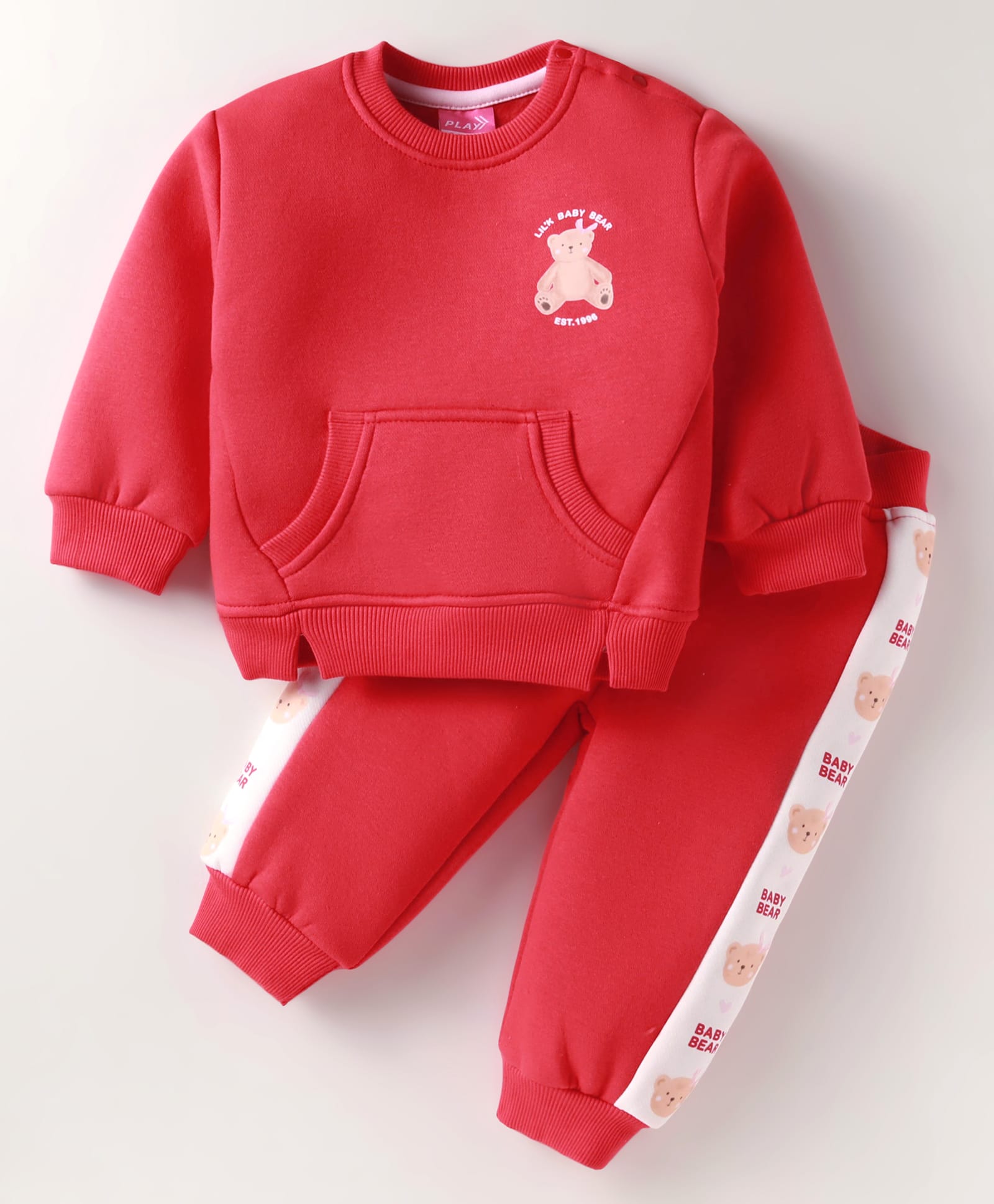 Little Kangaroos Fleece Knit Winter Wear Full Sleeves Bear PrintedT-Shirt with Kangroo Pockets & Joggers Set - Red-picture-30