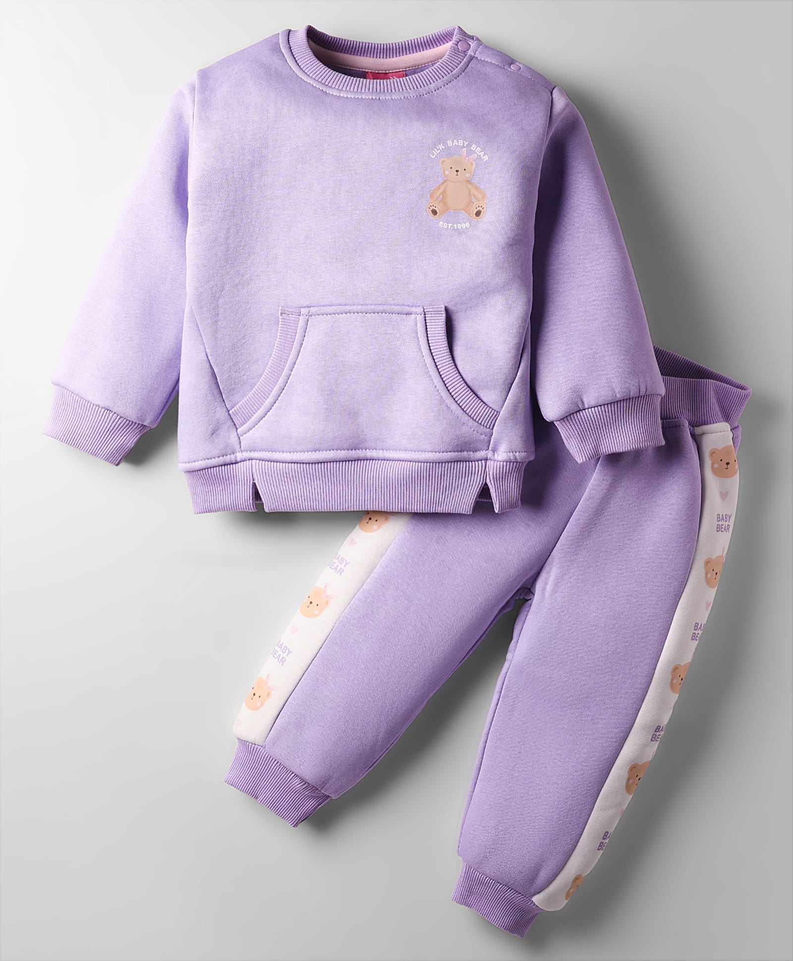 Little Kangaroos Fleece Knit Winter Wear Full Sleeves Bear Printed T-Shirt & Lounge Pants with Kangroo Pockets & Joggers Set - Mauve-picture-32