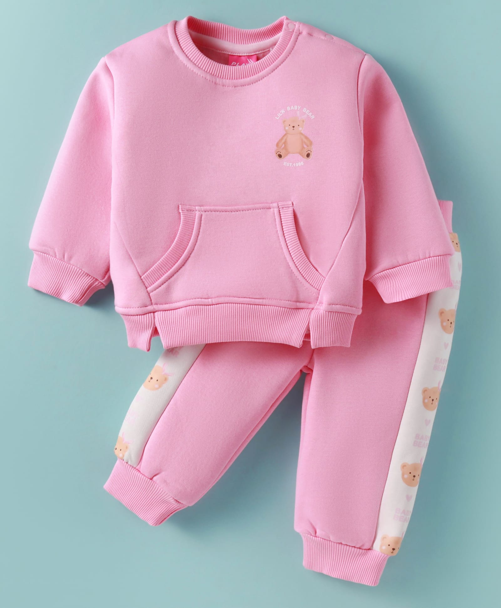 Little Kangaroos Fleece Knit Winter Wear Full Sleeves Bear PrintedT-Shirt with Kangroo Pockets & Joggers Set - Pink-picture-33