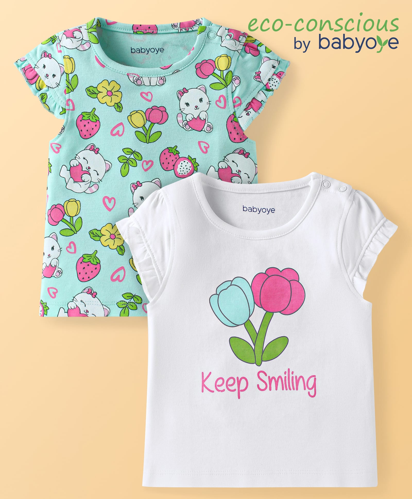 Babyoye Eco Conscious Eco Jiva Finish Cotton Knit Half Sleeves T-Shirts With Floral & Text Print Pack Of 2 - Light Blue White-picture-13