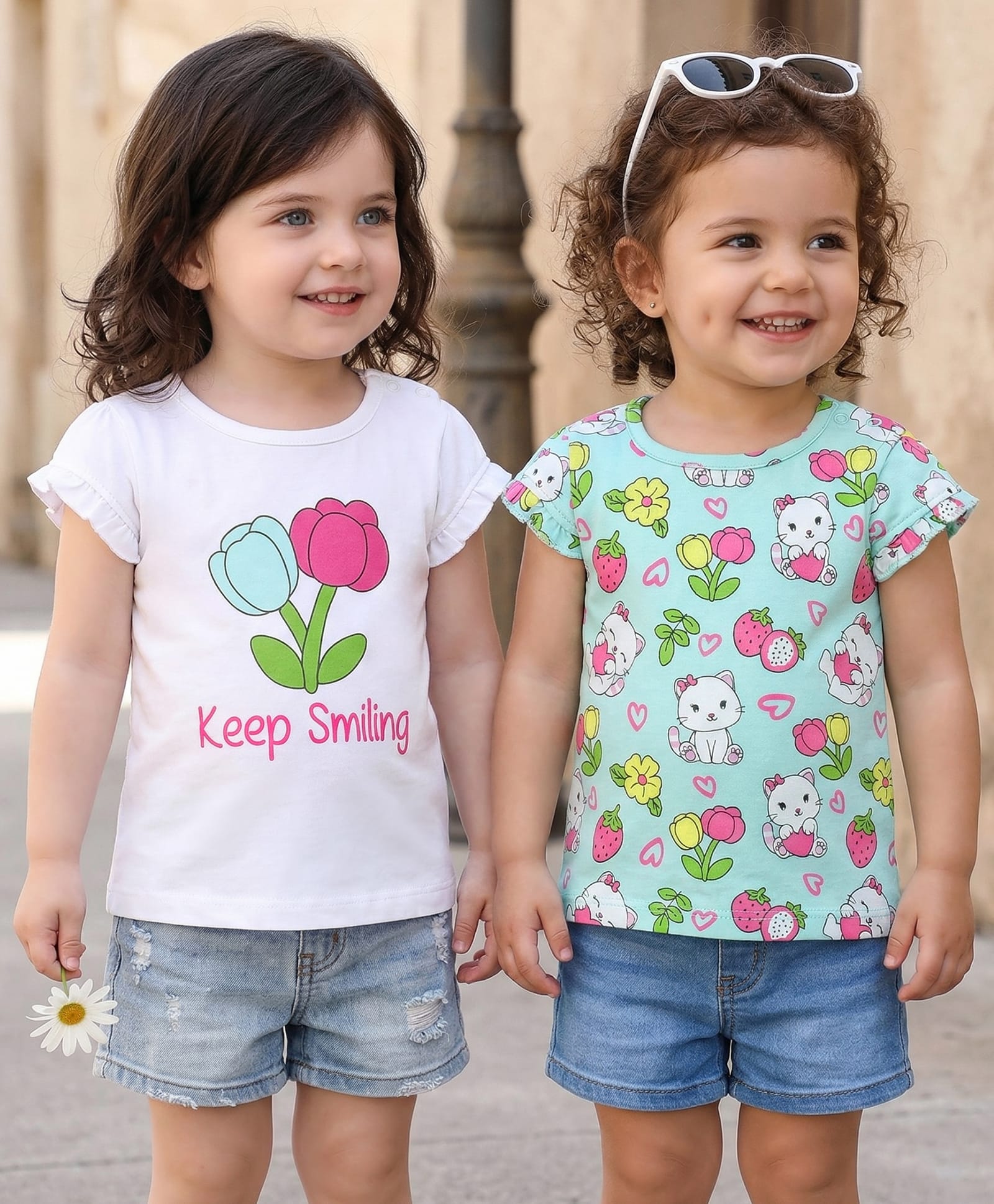 Babyoye Eco Conscious Eco Jiva Finish Cotton Knit Half Sleeves T-Shirts With Floral & Text Print Pack Of 2 - Light Blue White-picture-15