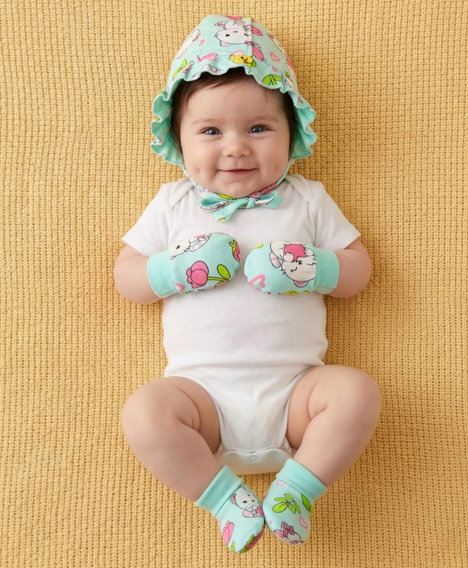 Babyoye Eco Conscious 100% Cotton Knit Cap Mittens & Booties Set with Kitty Pint Light Green - Diameter 10 cm-image-19