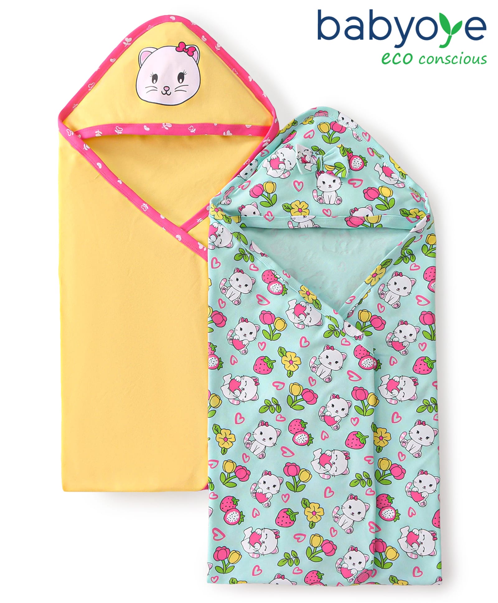Babyoye Eco Conscious 100% Cotton Wovenwith Eco Jiva Finish Hooded Wrapper with Cat Print L 81 x B 81 cm Pack of 2 - Yellow & Mint Green-image-28