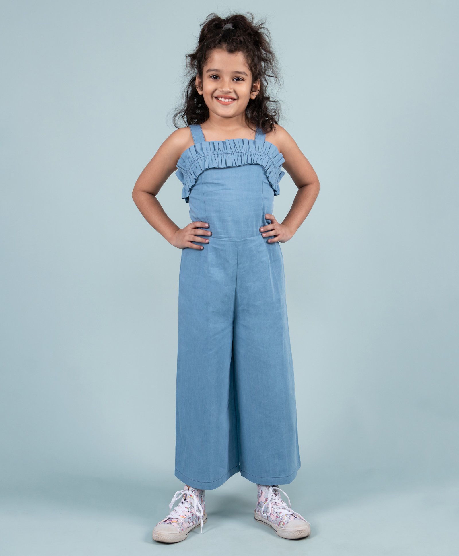 tweeny mini Pure Cotton Denim Sleeveless SolidJumpsuit - Blue-picture-5