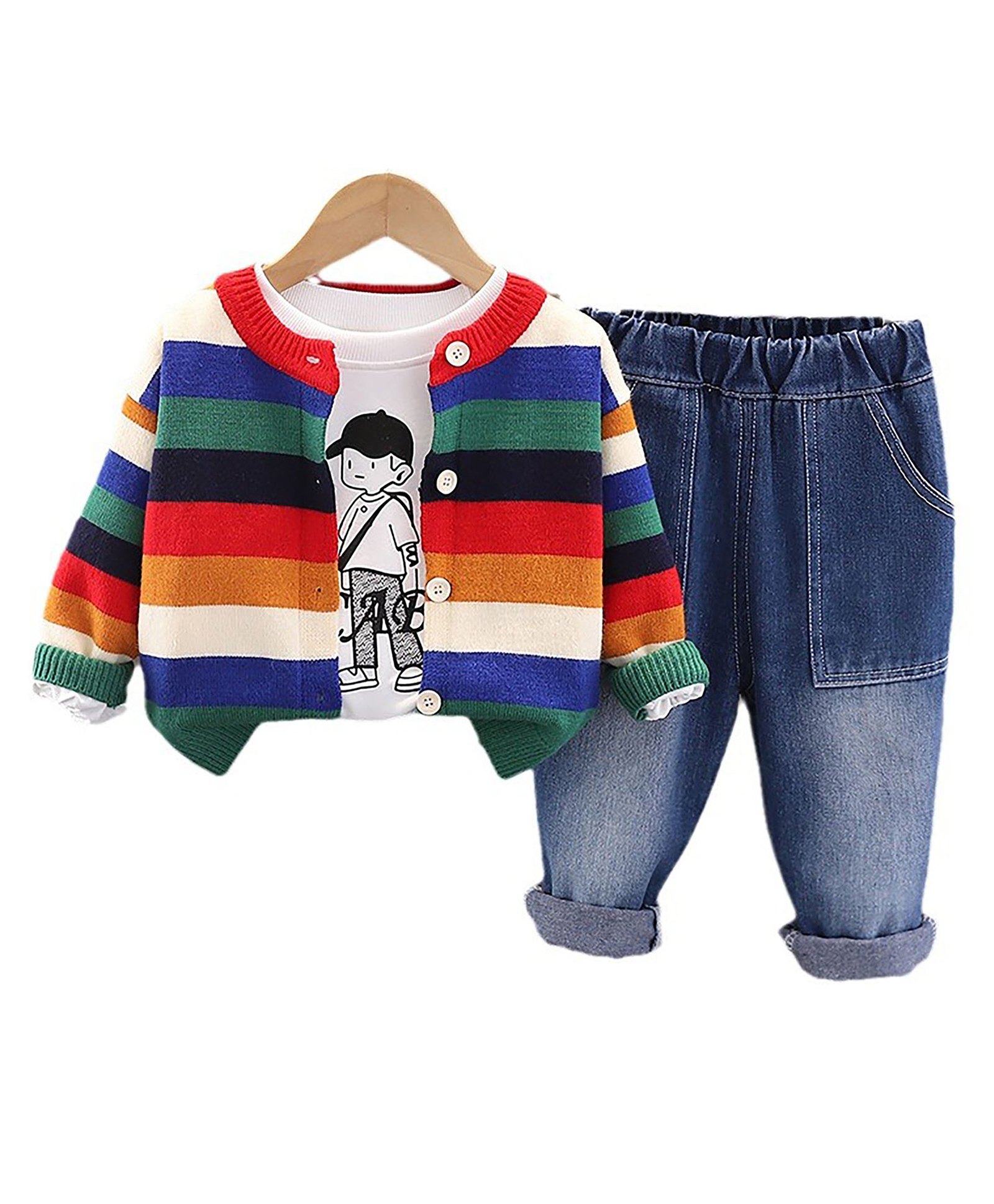 Little Surprise Box Cotton Full Sleeves Striped & Text Printed Winter Wear Set - Multi Colour-picture-39