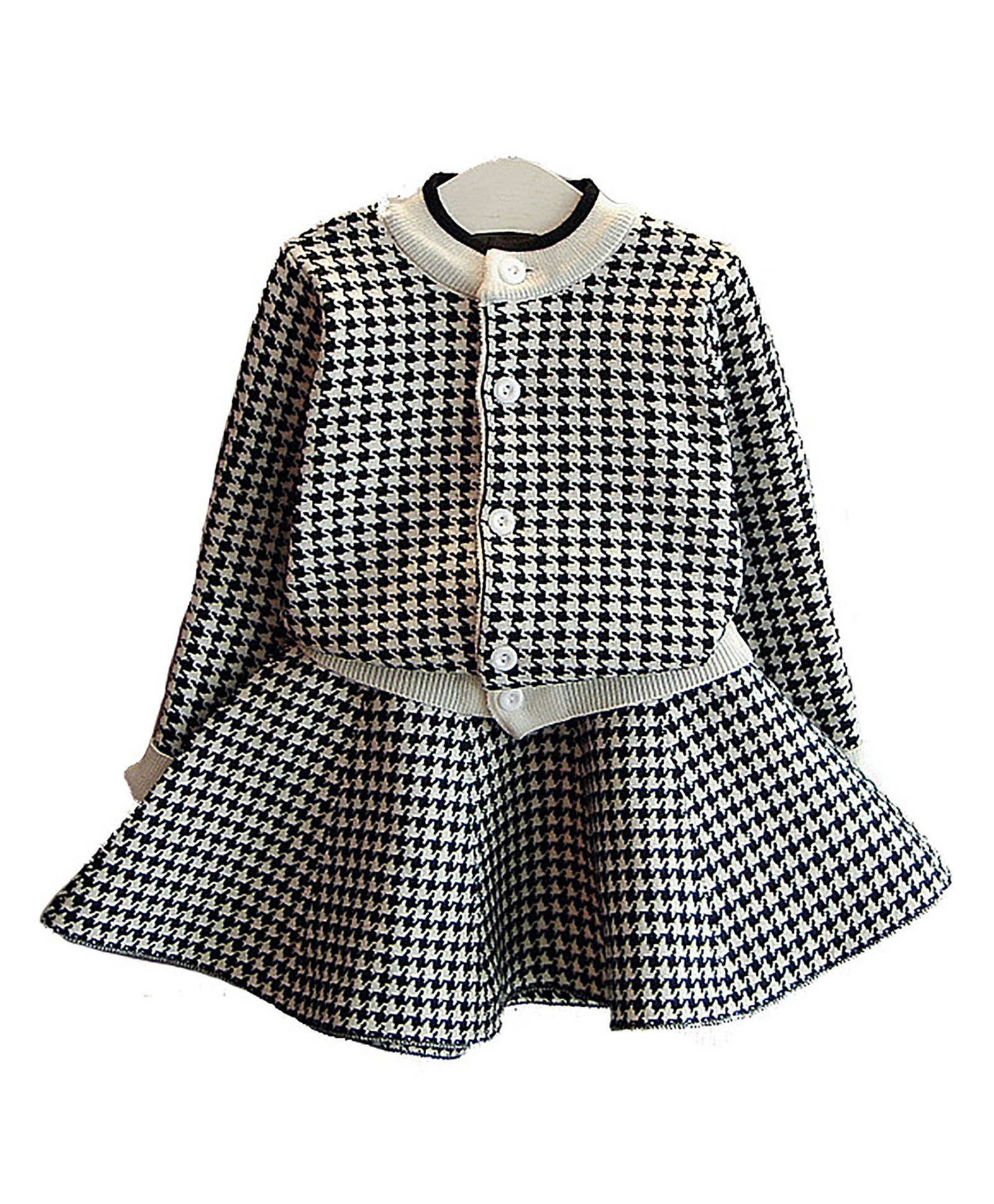 Little Surprise Box Cotton Full Sleeves Houndstooth Printed Cardigan & Skirt Set - Black-image-36