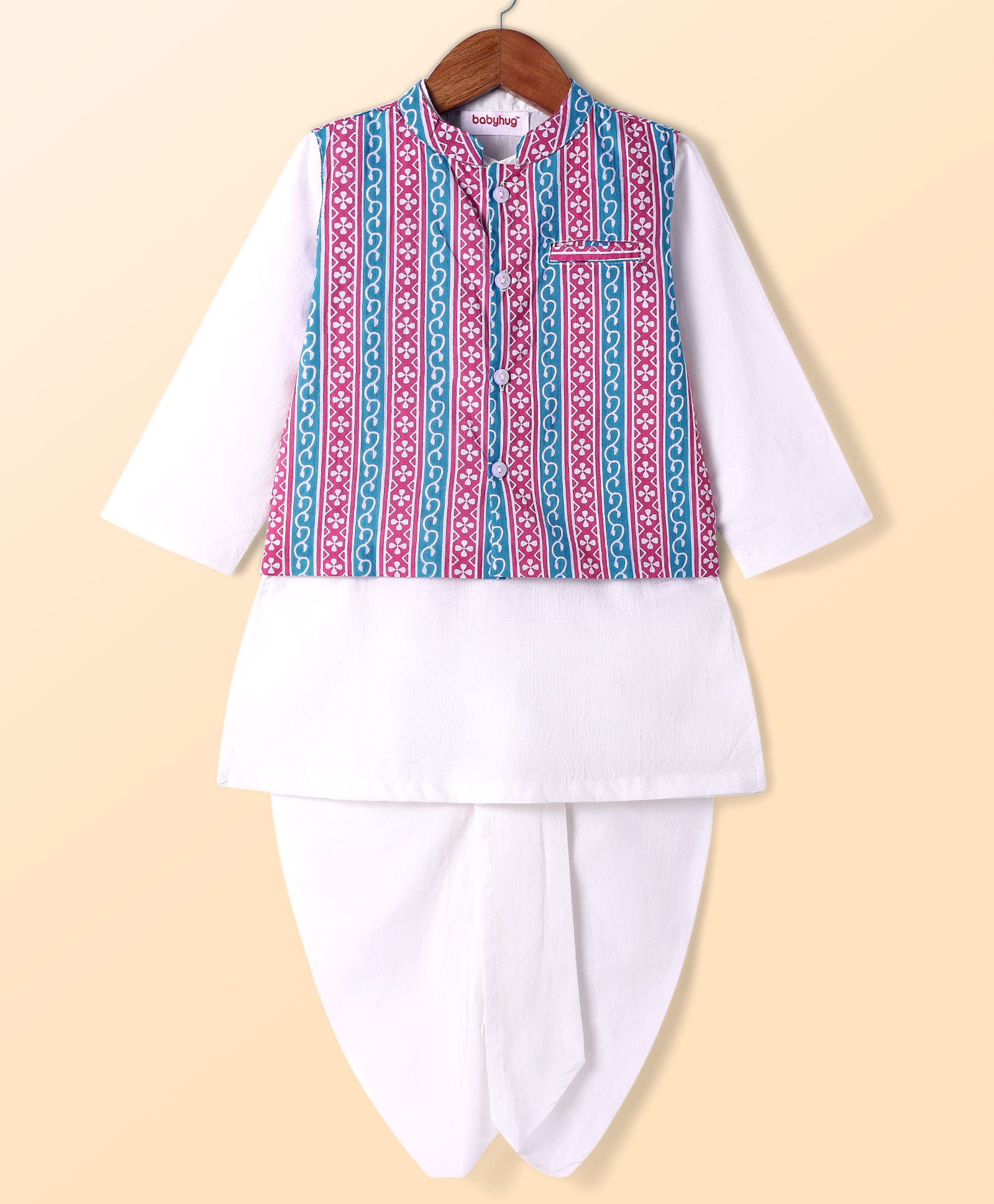 Babyhug Cotton Cambric Full Sleeves Solid Colour Kurta & Dhoti Set with Floral Printed Jacket - White & Purple-picture-14
