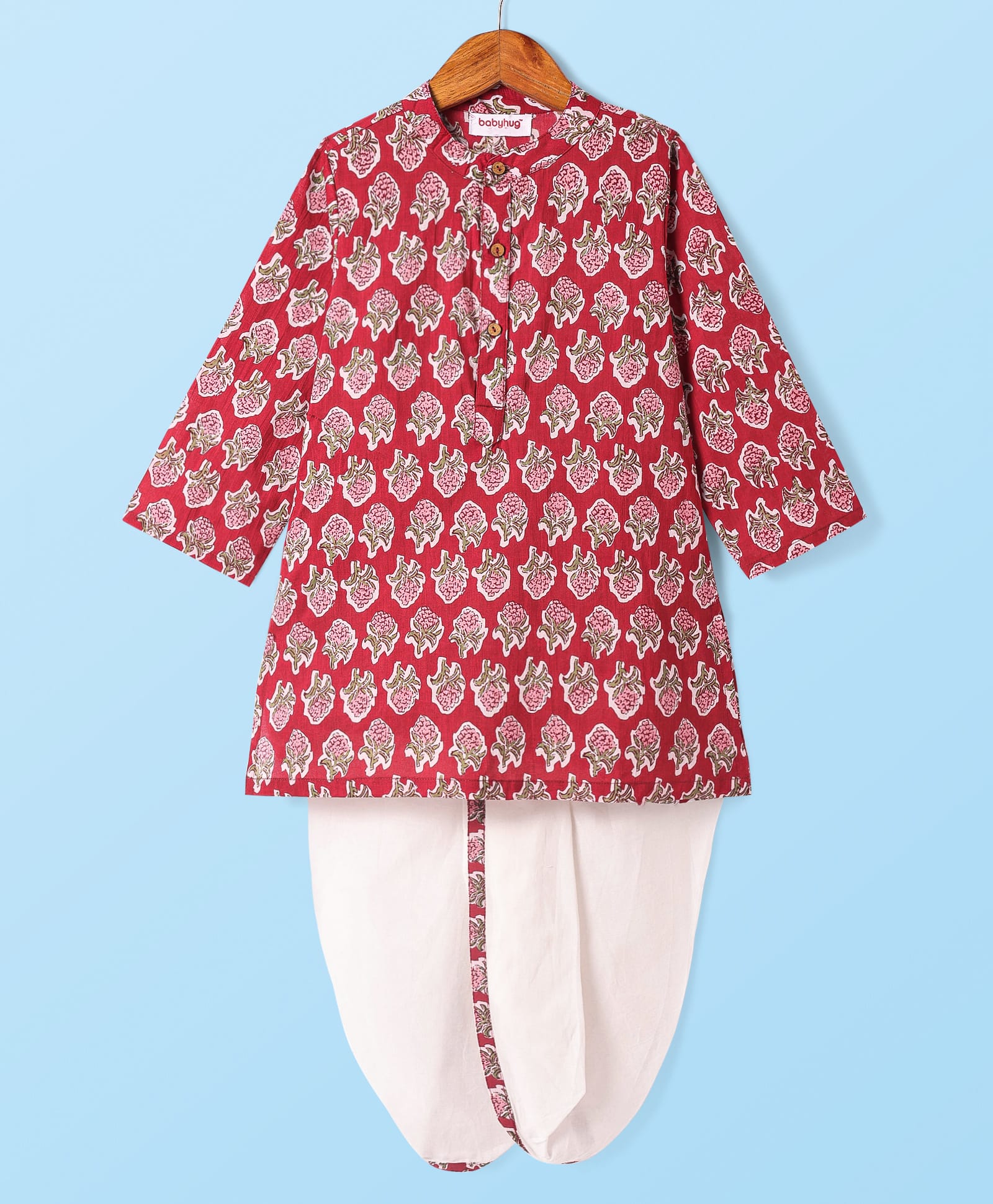 Babyhug Cotton Woven Full Sleeves Cambric Floral Printed Kurta & Dhoti Set - Red-picture-25