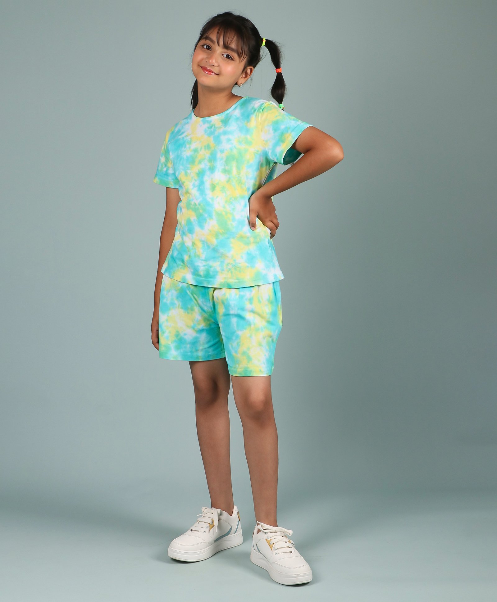 tweeny mini Pure Cotton Knit Half Sleeves Tie Dye Coordinating Night Suit Set - Lemon Green-picture-35