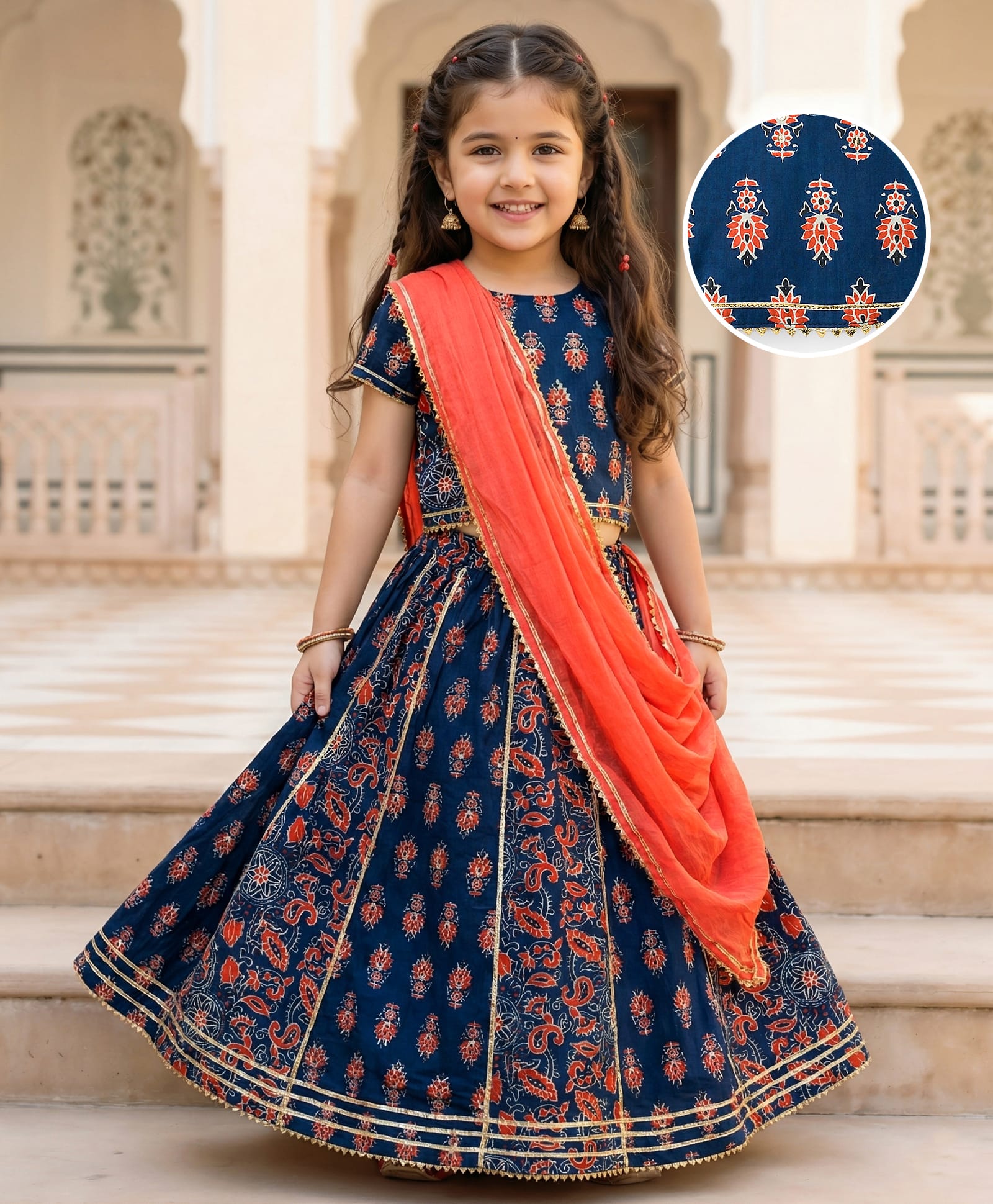 Babyhug Cambric Woven Half Sleeves Choli Lehenga with Dupatta & Floral Print - Navy Blue-image-43
