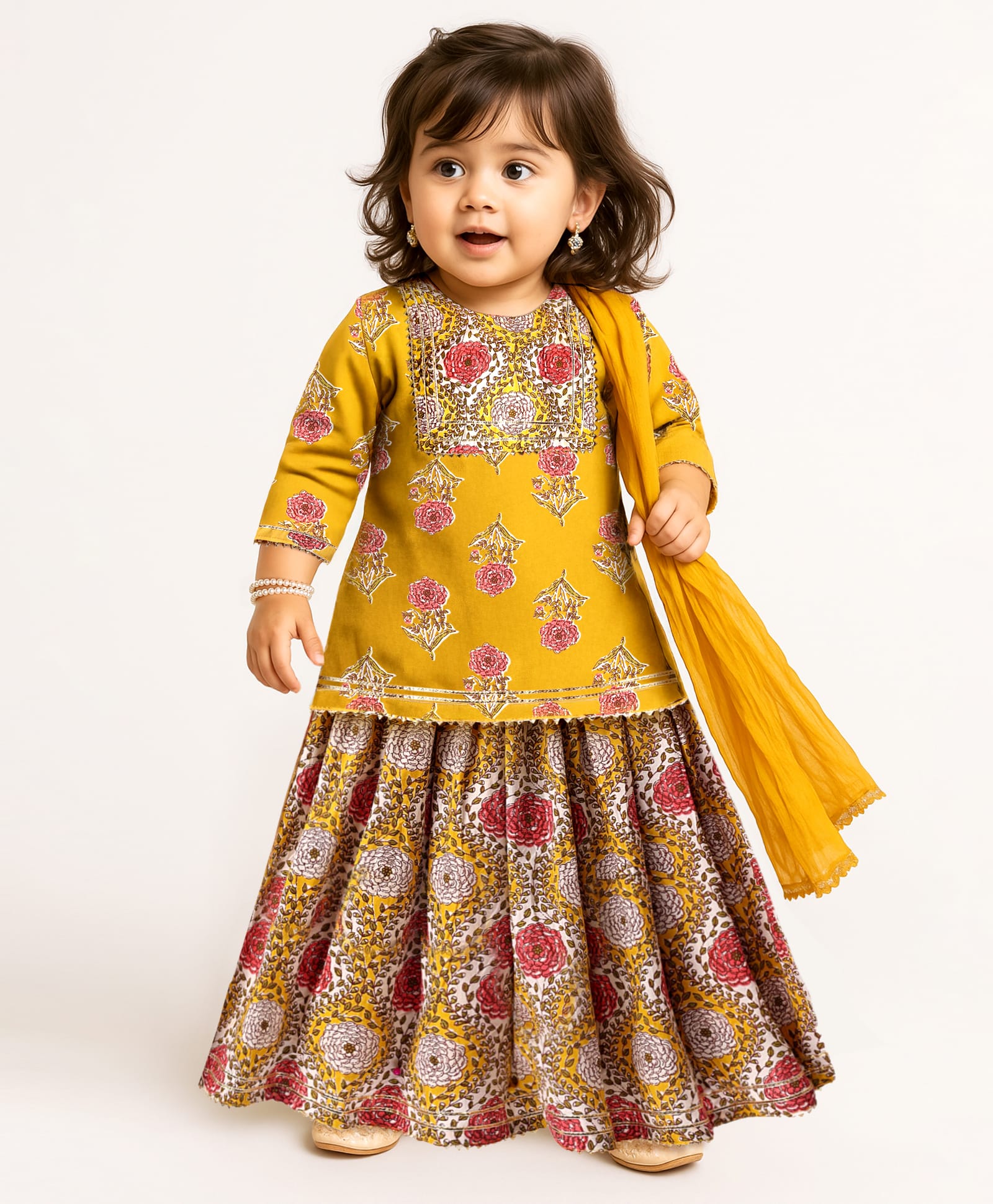 Babyhug Cotton Woven Three Fourth Sleeves Cambric Printed Choli Lehenga & Dupatta Set - Yellow-image-41
