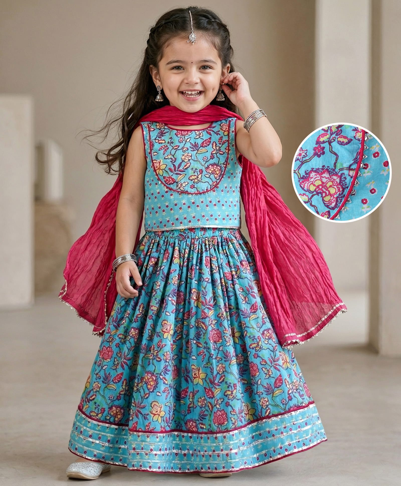 Babyhug Cotton Woven Sleeveless Cambric Printed Lehenga Choli & Dupatta Set - Light Blue-image-18