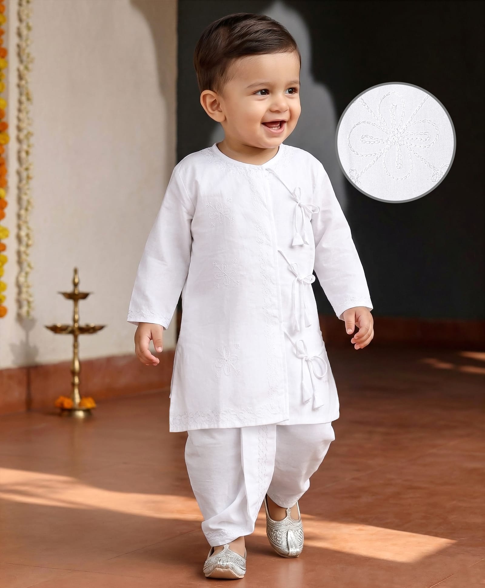 Babyhug Cotton Woven Full Sleeves Embroidered Angarakha Kurta Dhoti Set - White-image-15
