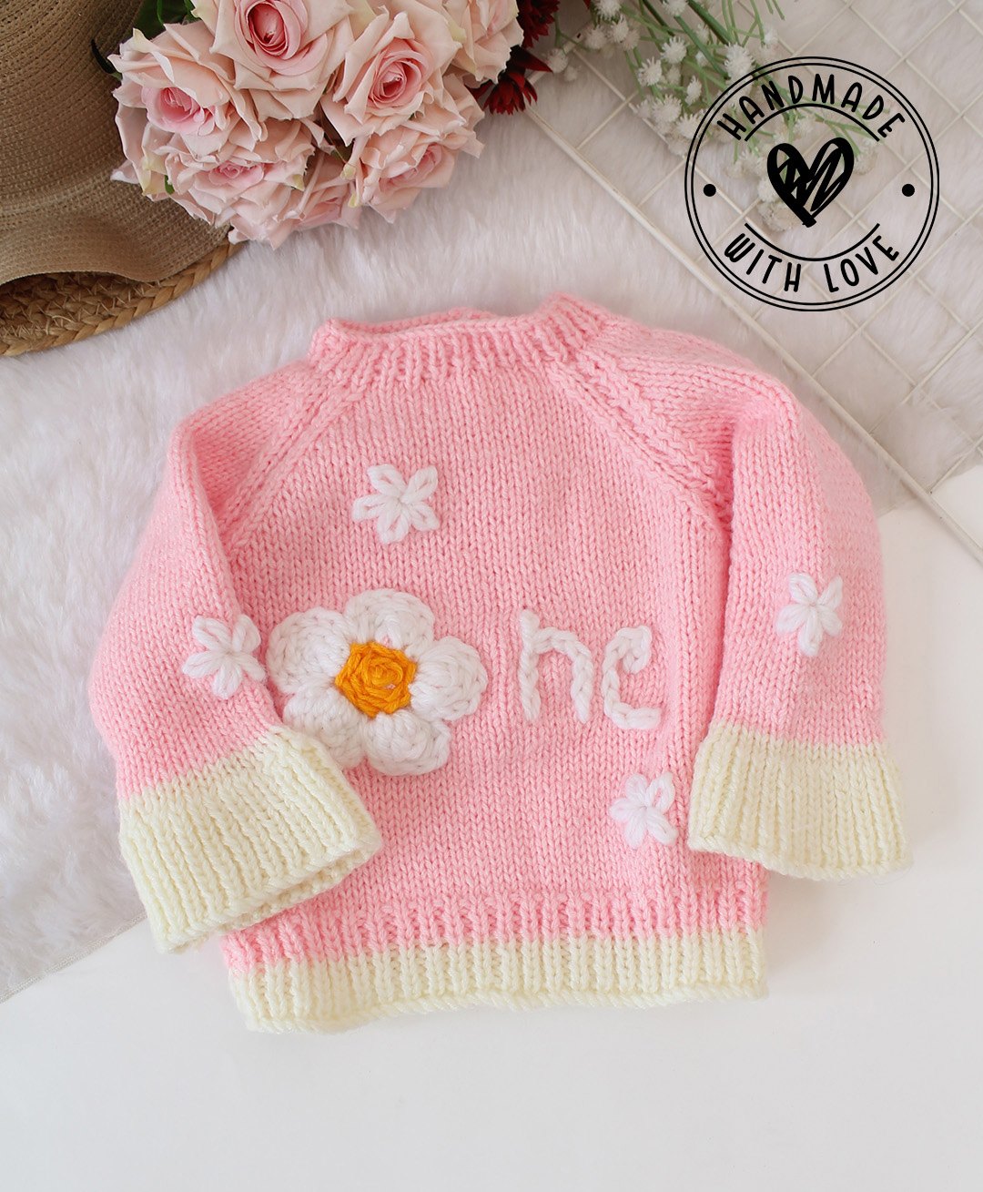 Woonie Full Sleeves Hand Knitted OneText Embroidered Pullover - Pink-image-37
