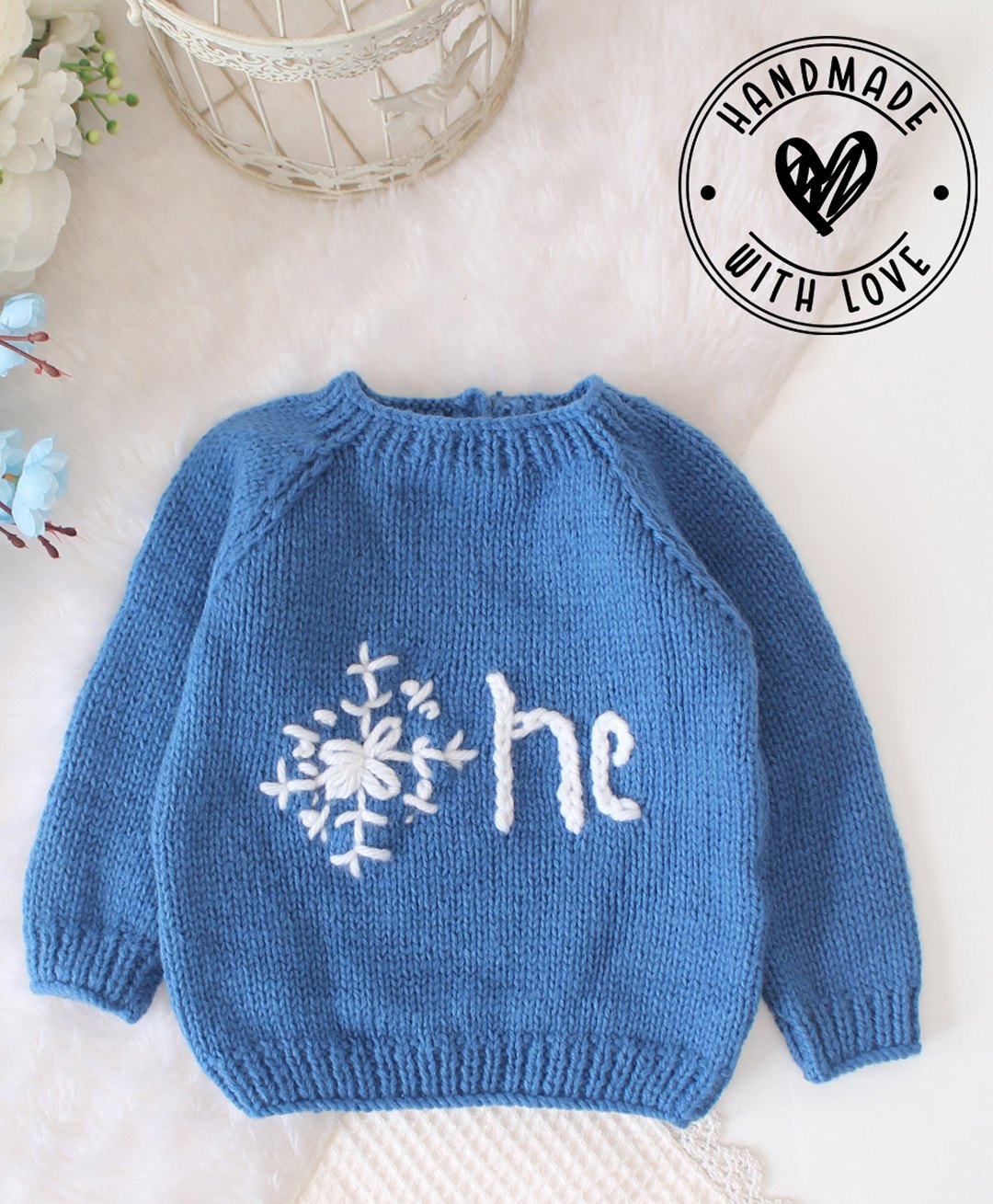 Woonie Full Sleeves Hand Knitted One Text Embroidered Pullover - Blue-image-42