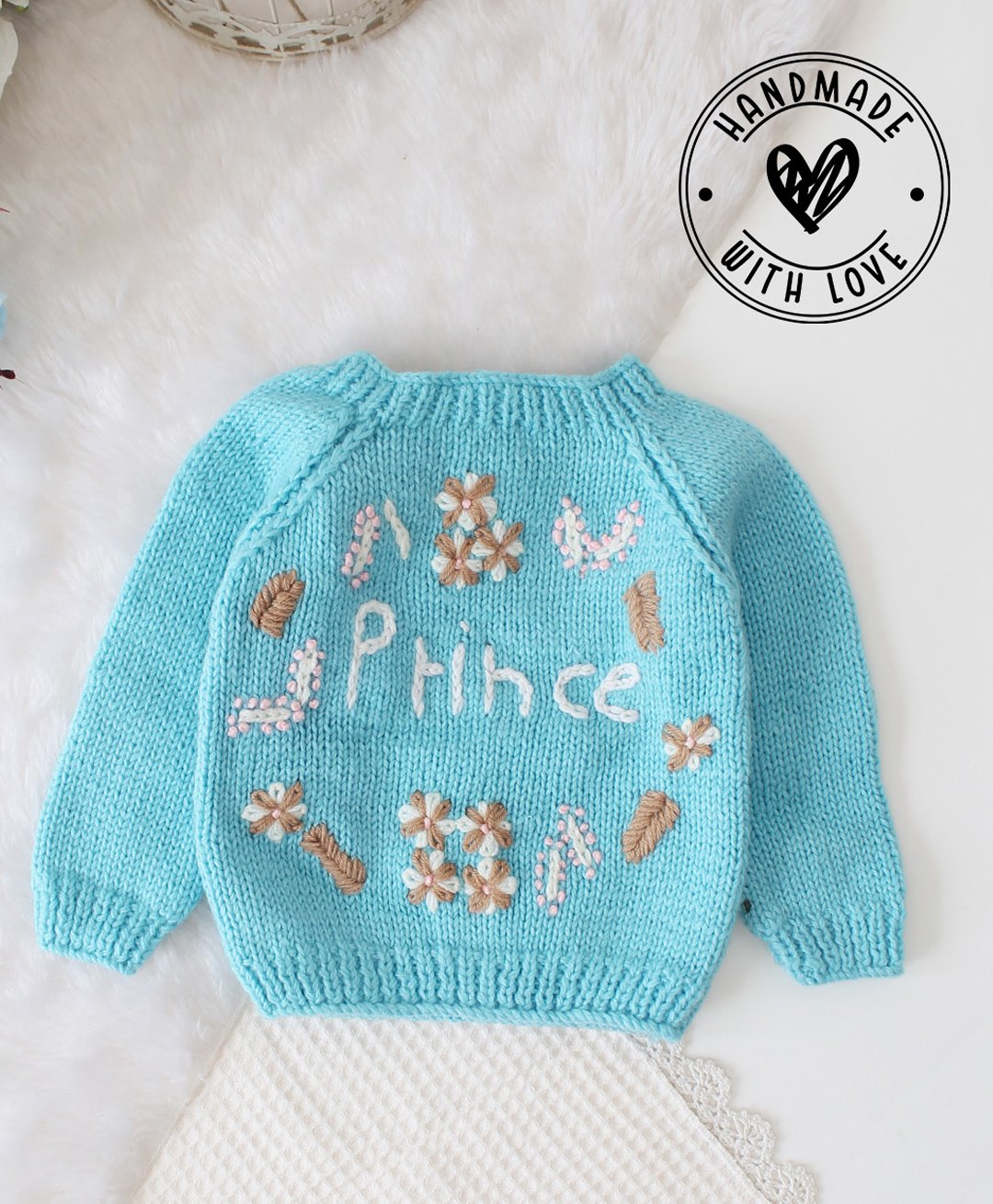 Woonie Full Sleeves Hand Knitted Prince Text Embroidered Sweater - Blue-image-3