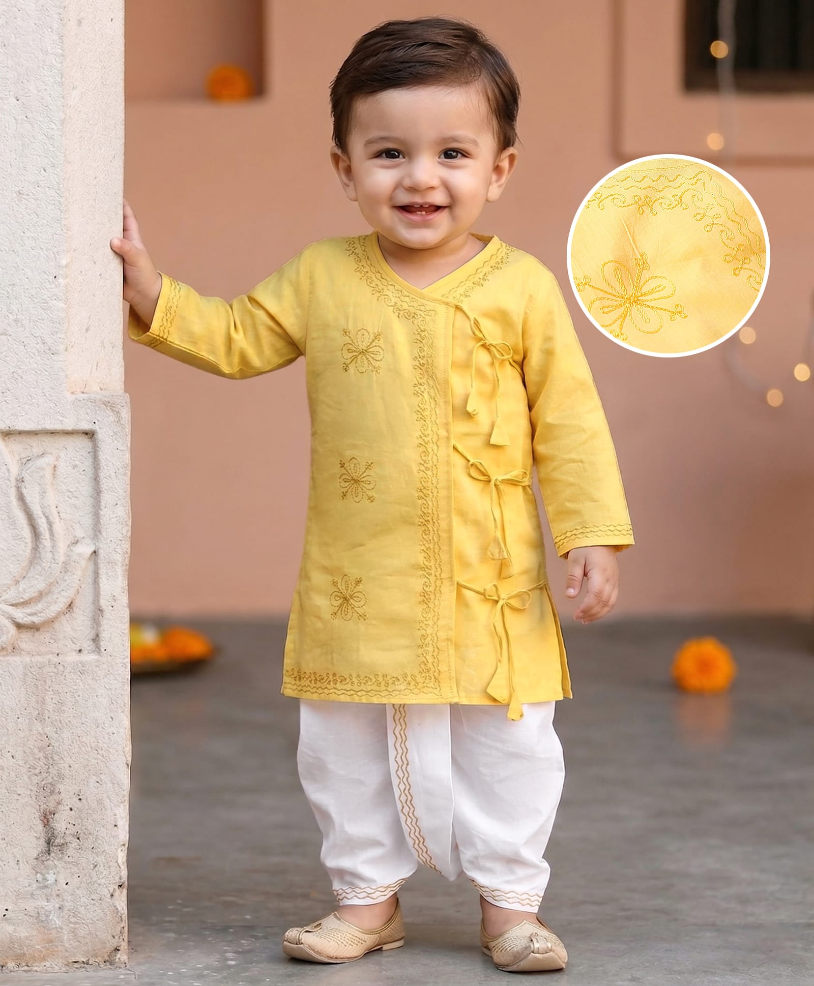 Babyhug Cotton Full Sleeves Embroidered Angarakha Kurta Dhoti Set - Yellow
