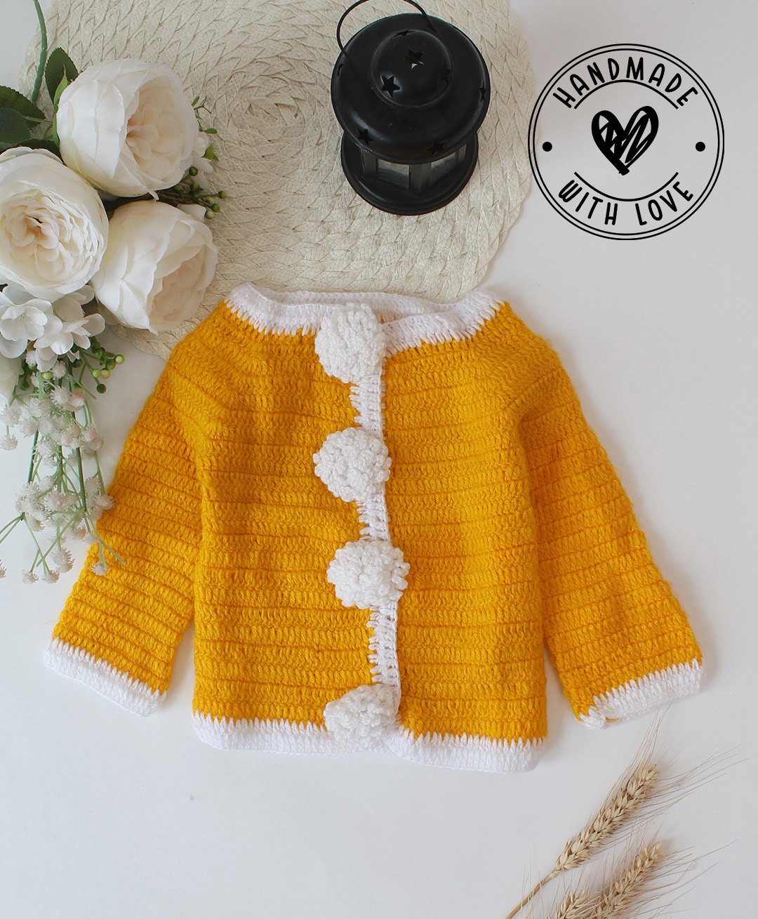 Woonie Full Sleeves Handmade Crochet Contrast Border Detailed Sweater - Orange-image-10