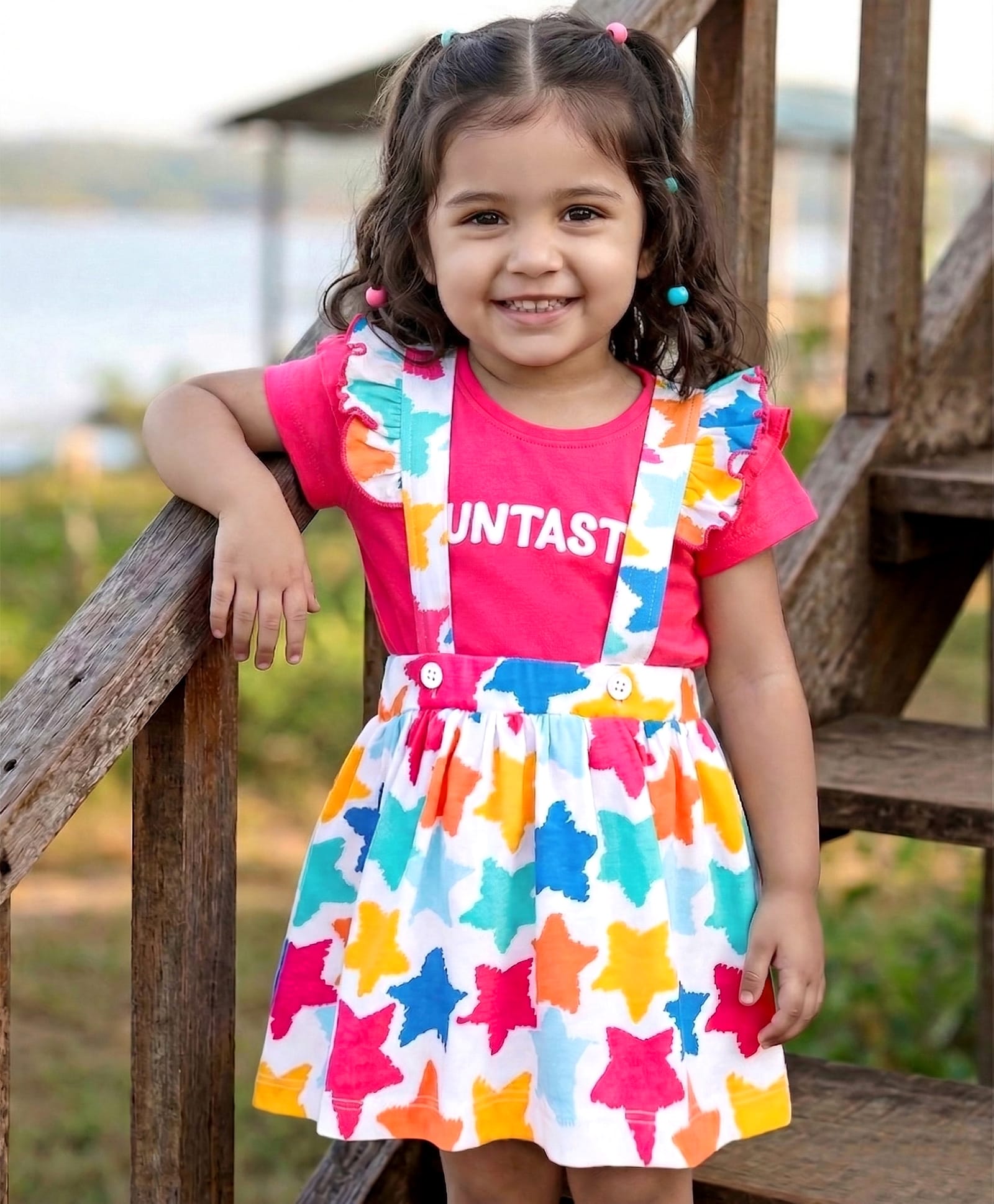 Babyhug Single Jersey Knit Cap Sleeves Top & Skirt Set with Text Star Print - Dark Pink-image-26