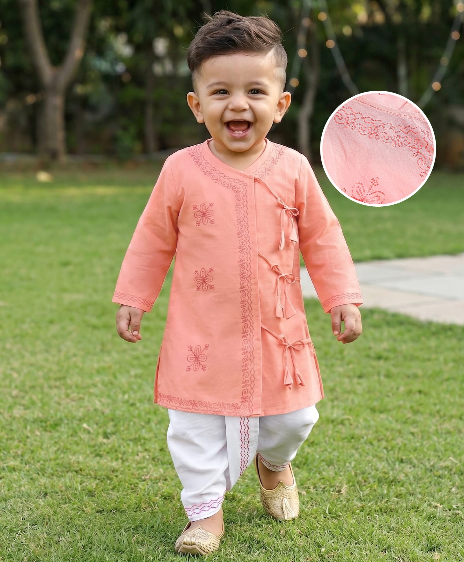 Babyhug Cotton Full Sleeves Embroidered Angarakha Kurta Dhoti Set - Coral-image-34