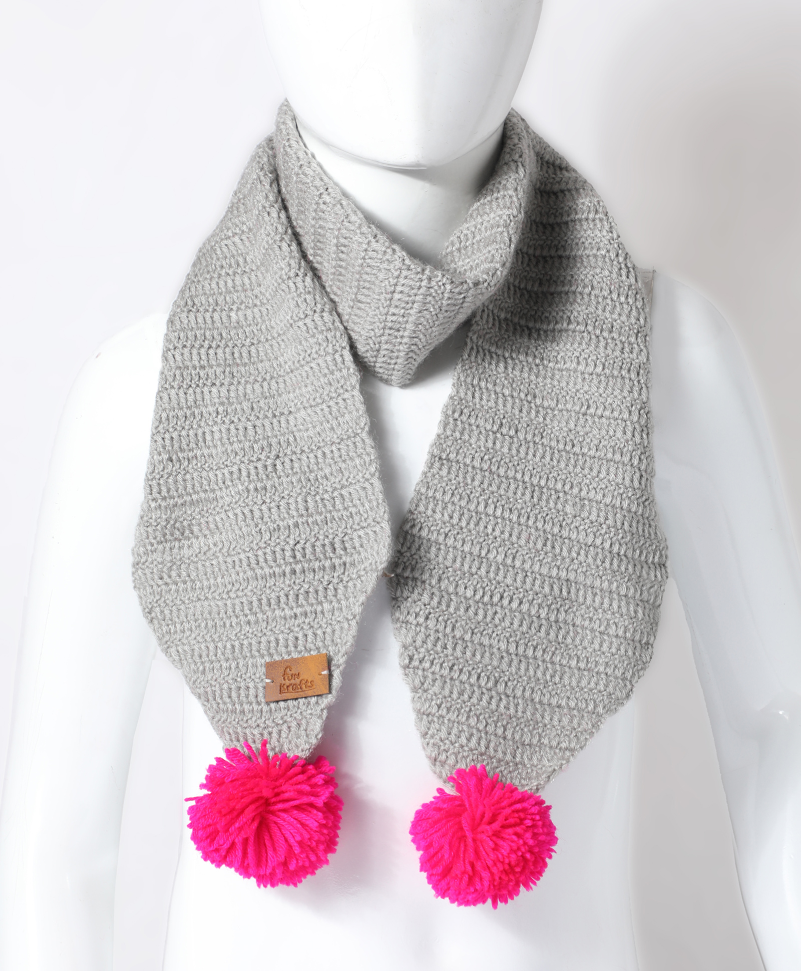 Funkrafts Handmade Woollen Muffler With Pom Pom - Grey & Pink-picture-20