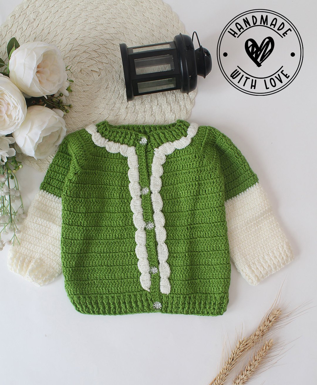 Woonie Full Sleeves Handmade Crochet Scallop Detailed Cardigan - Green-image-37